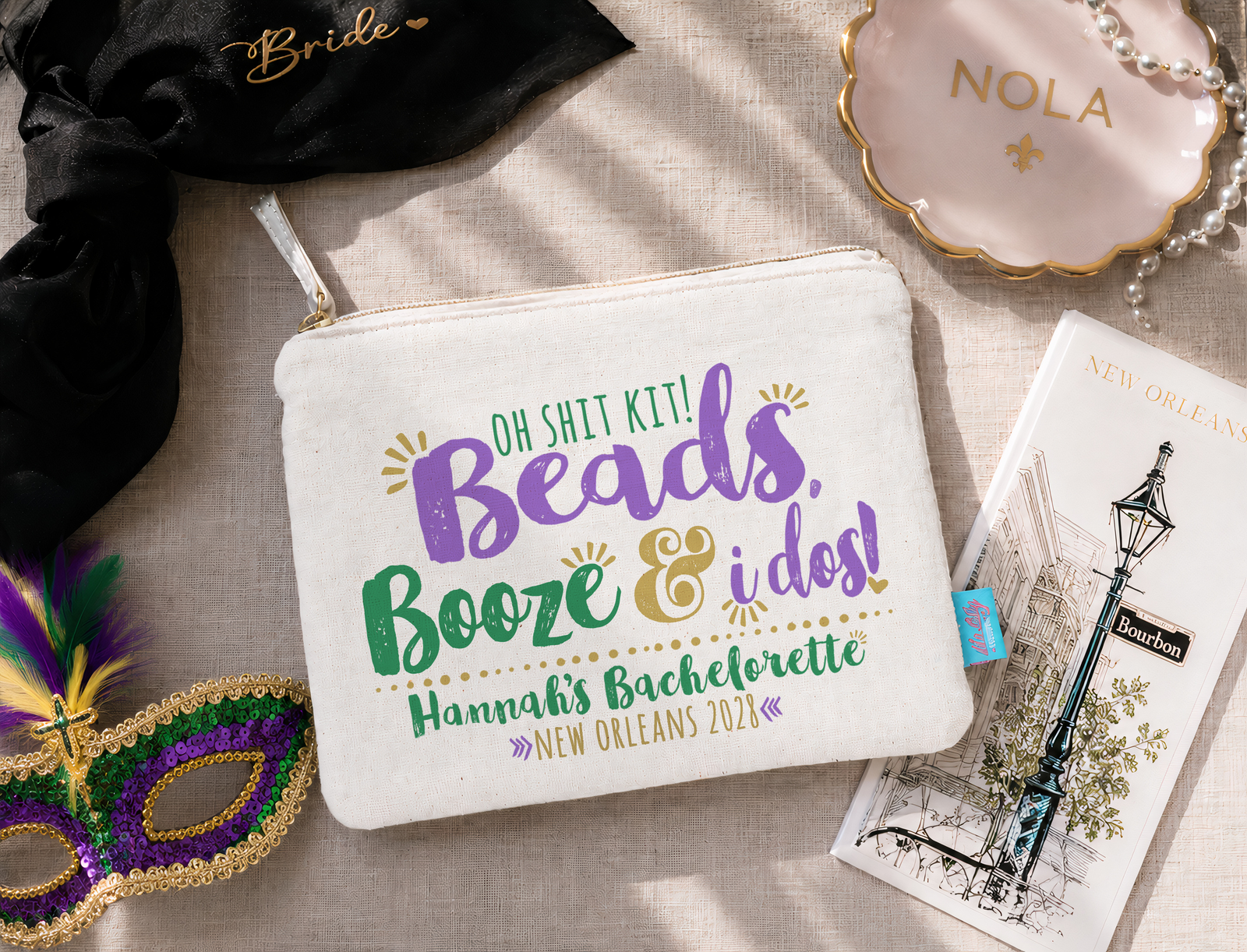 New Orleans Personalized Canvas Makeup Bag for Bachelorette Parties by Ilu.Lily
