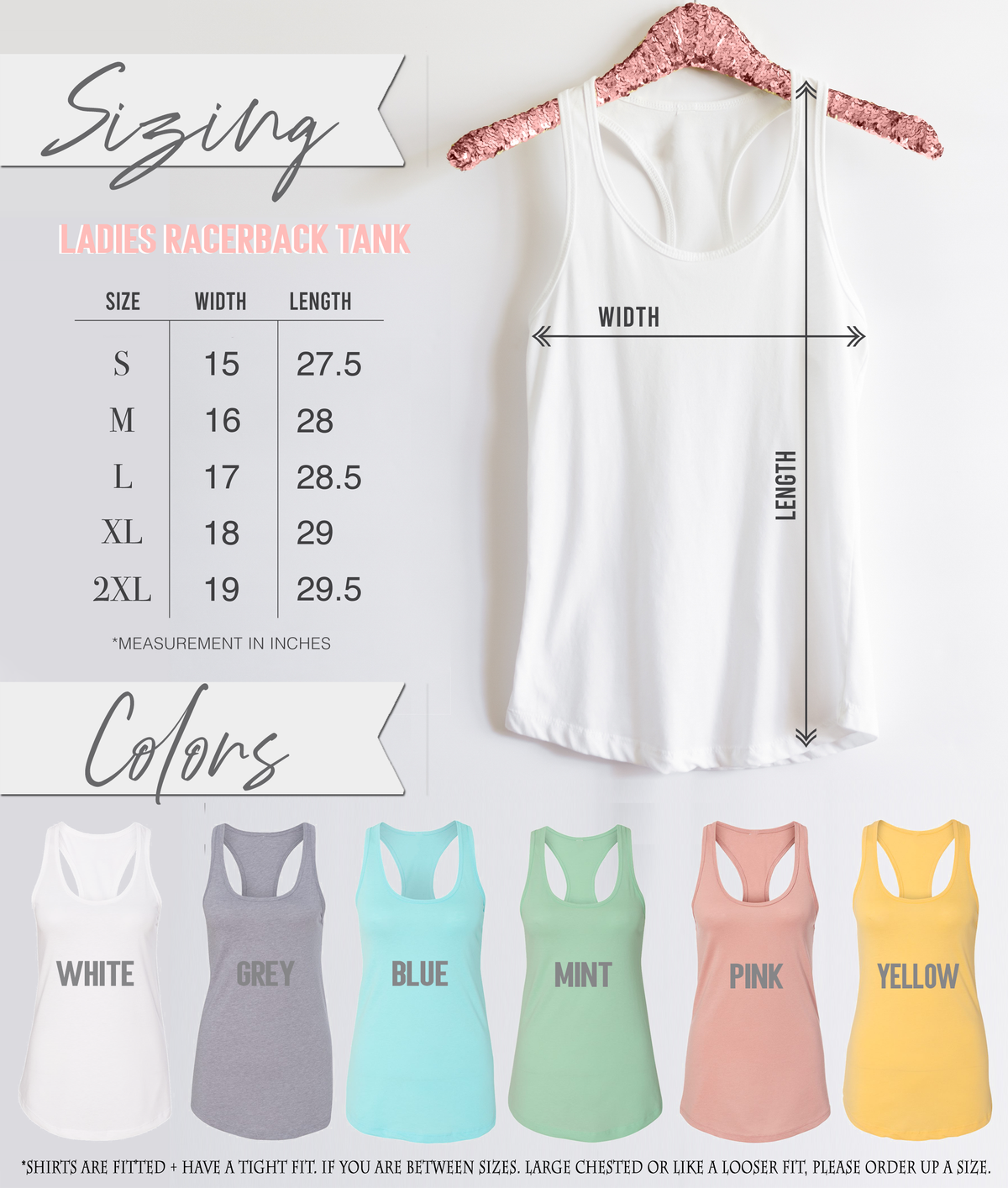 a white tank top with size and color information, along with a pink sequin hanger. Below the tank top, there are five different colored tops, each labeled with a color name.