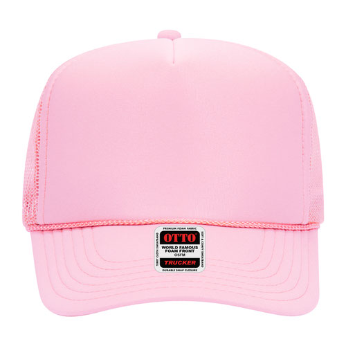 A pink trucker hat with a white label that says "Otto" and "Premium Trucker".
