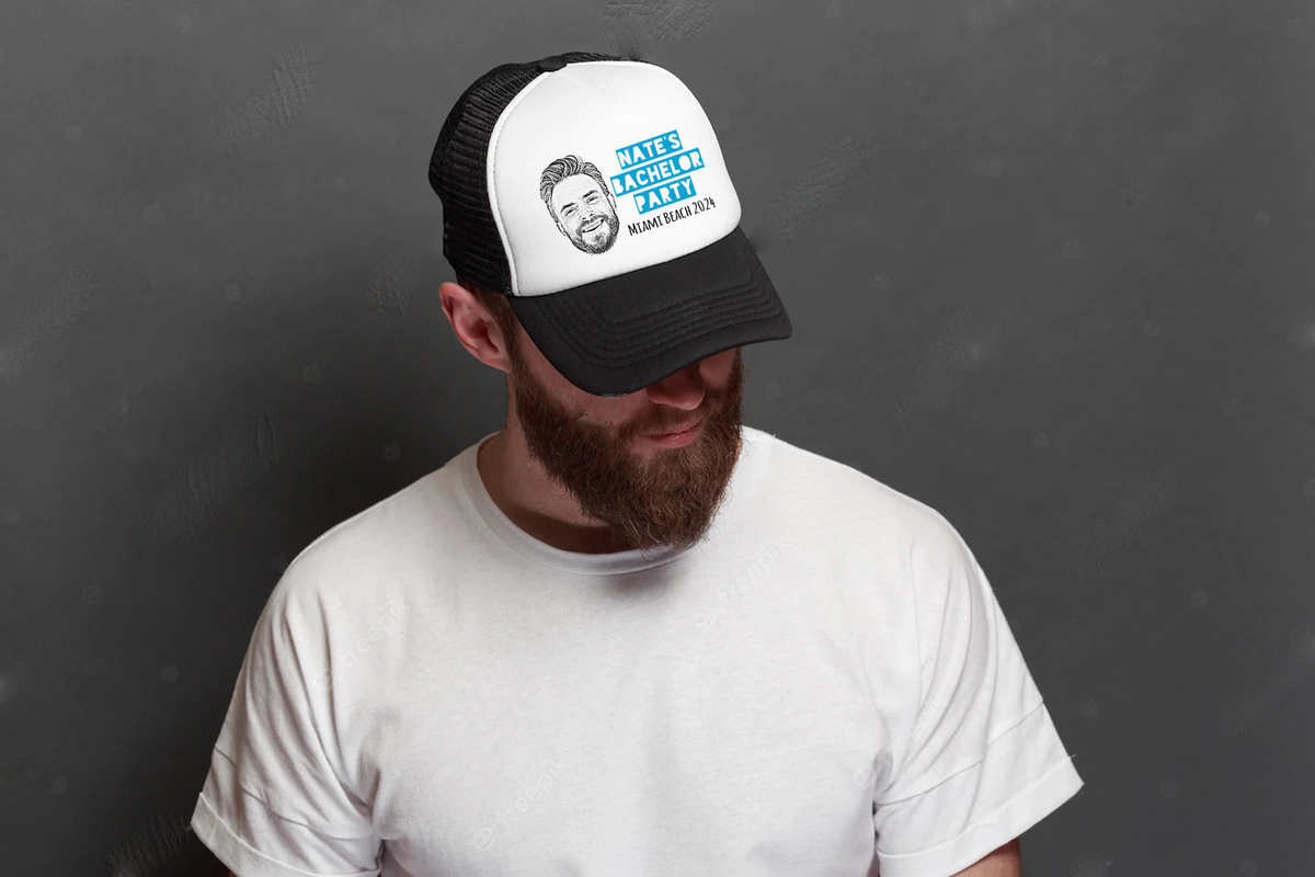 Custom Black Bachelor Party Trucker Hat | Custom Bachelor Party Hats with Photo