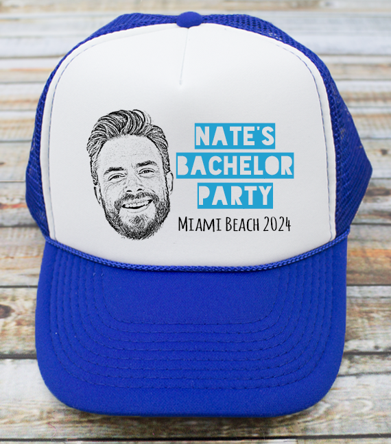 Custom Blue Bachelor Party Trucker Hat | Custom Bachelor Party Hats with Photo