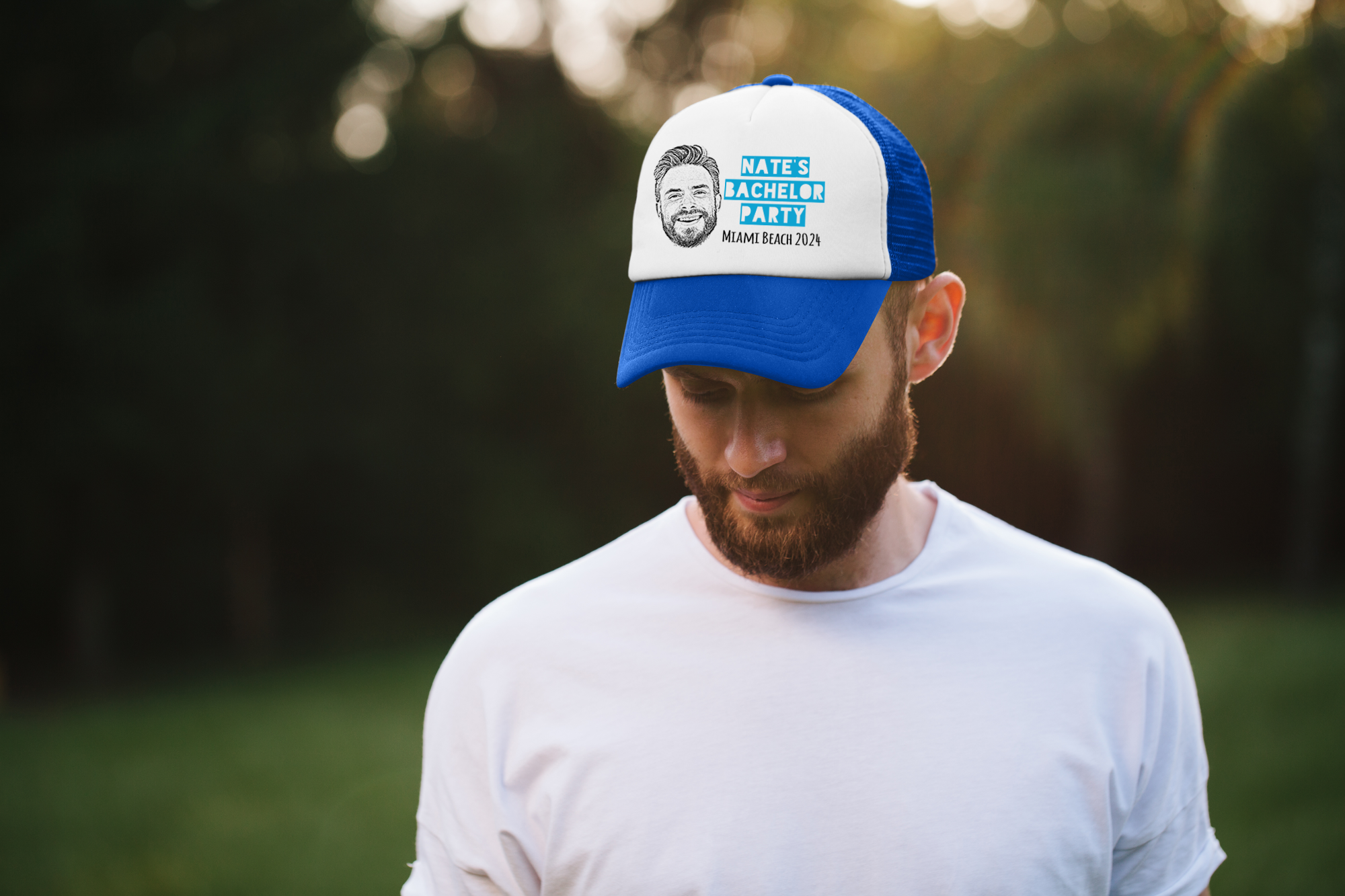 Custom Blue Bachelor Party Trucker Hat | Custom Bachelor Party Hats with Photo