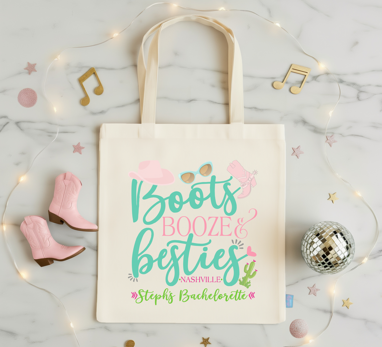 Bachelorette Party Nashville Tote Bags | Boots Booze and Besties Tote Bag