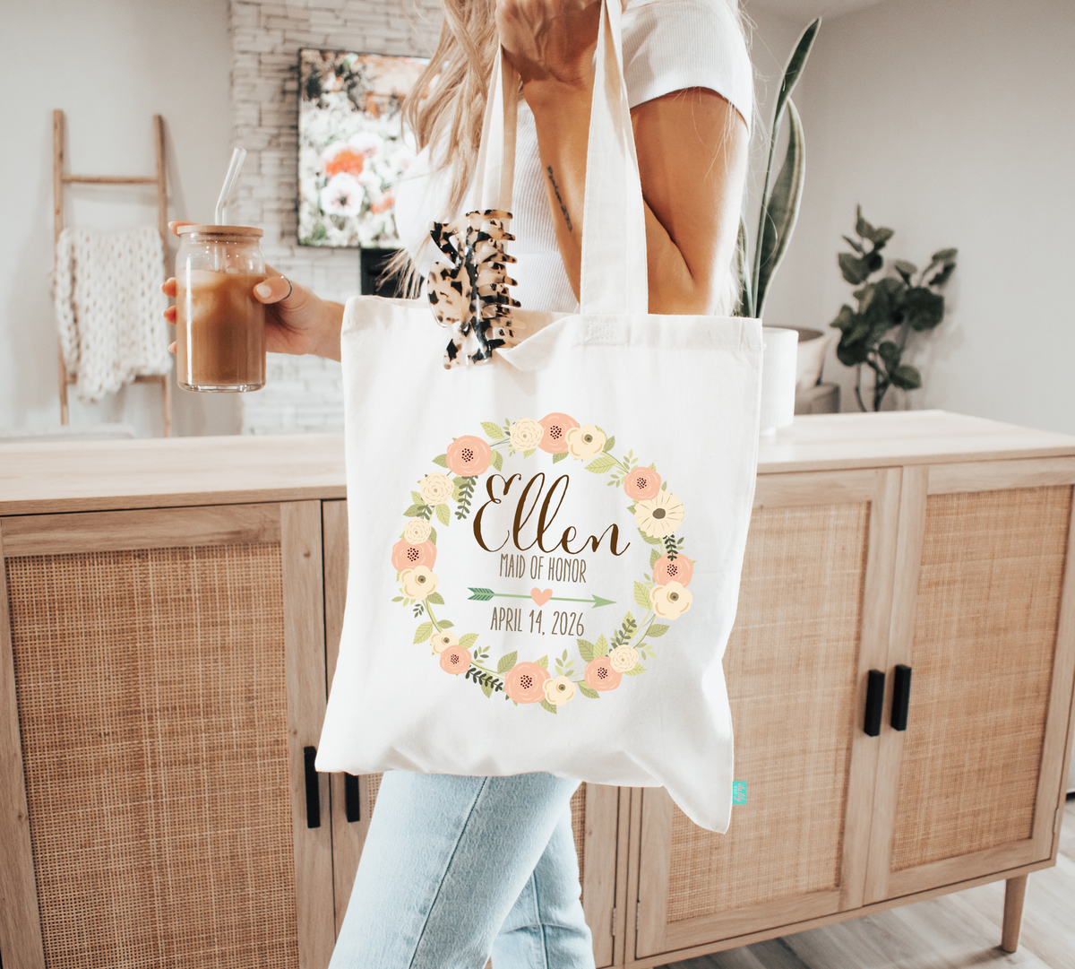 Bridal Party Personalized Tote Bag Floral Wreath Script ilulily designs