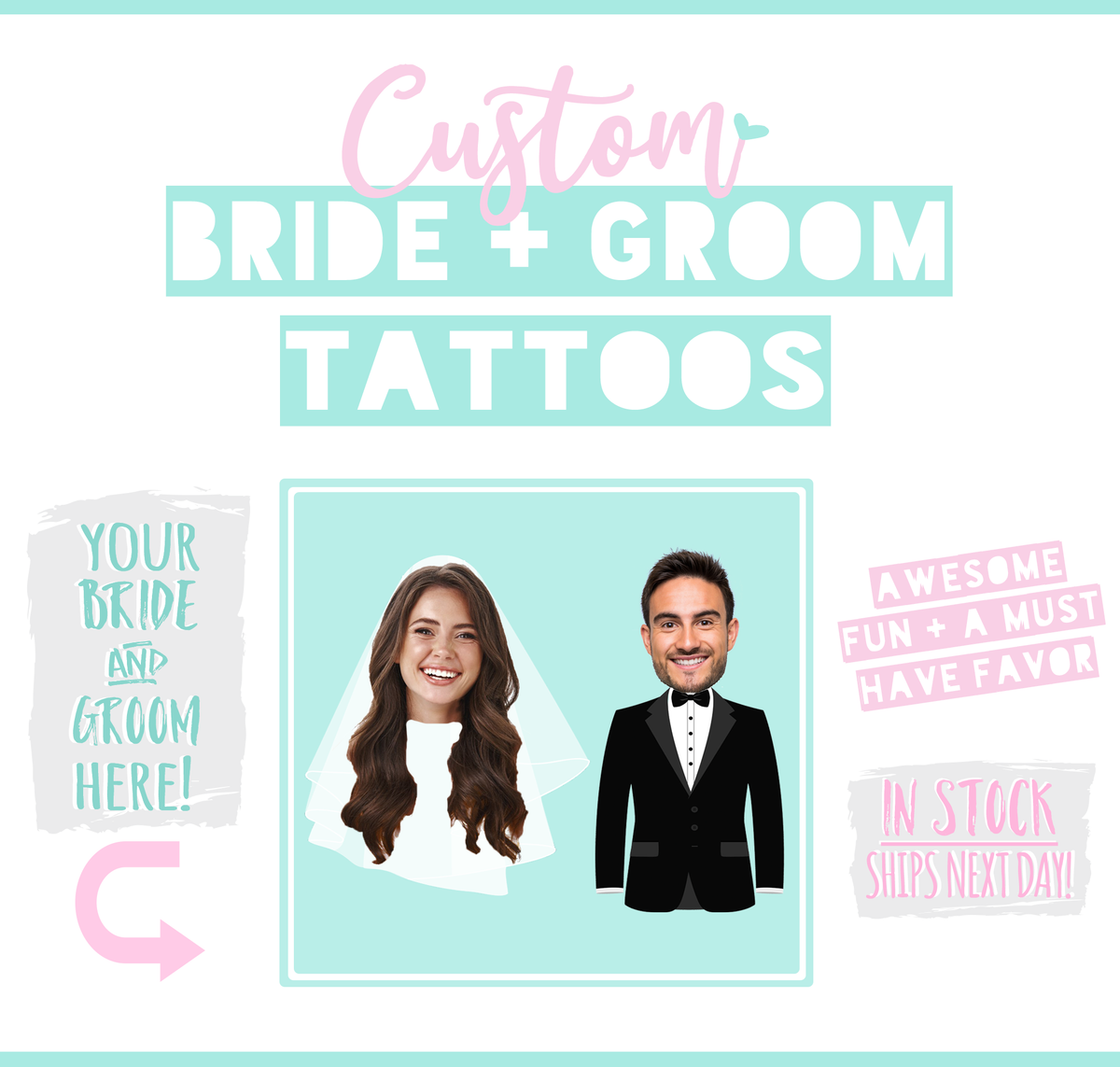 Bride and Groom Photo Custom Temporary Tattoo Wedding Favors | Custom Photo Tattoo Bar Favor | Engagement Party Favor