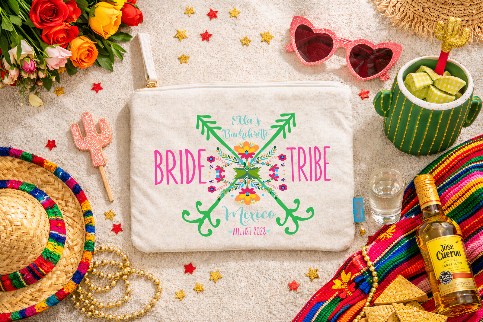 Mexico Personalized Canvas Makeup Bag for Bachelorette Parties by Ilu.Lily