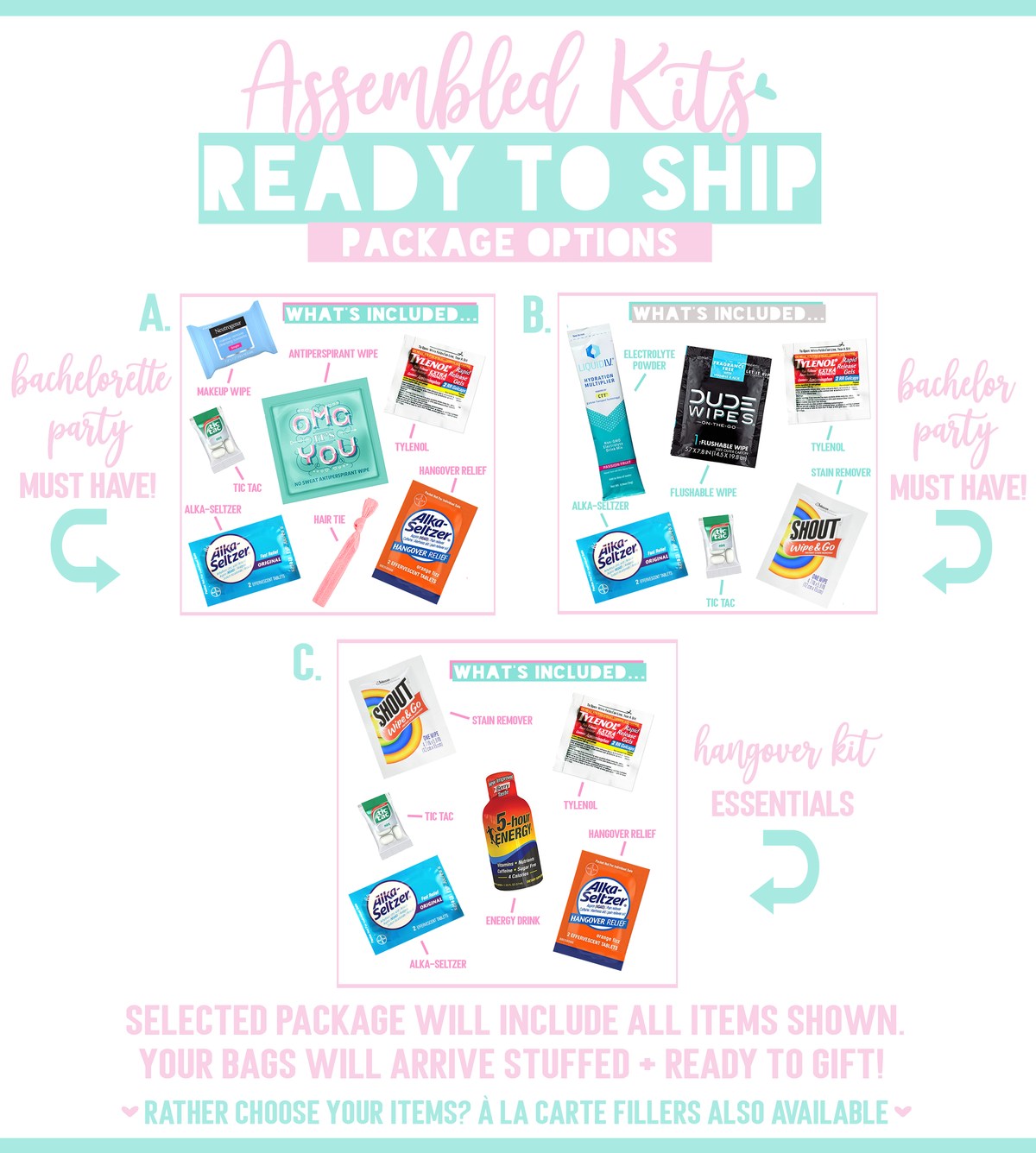 The image is a collage of three images, each depicting a different package option for a bachelorette party. The packages include items such as toiletries, alcohol wipes, and other essentials.