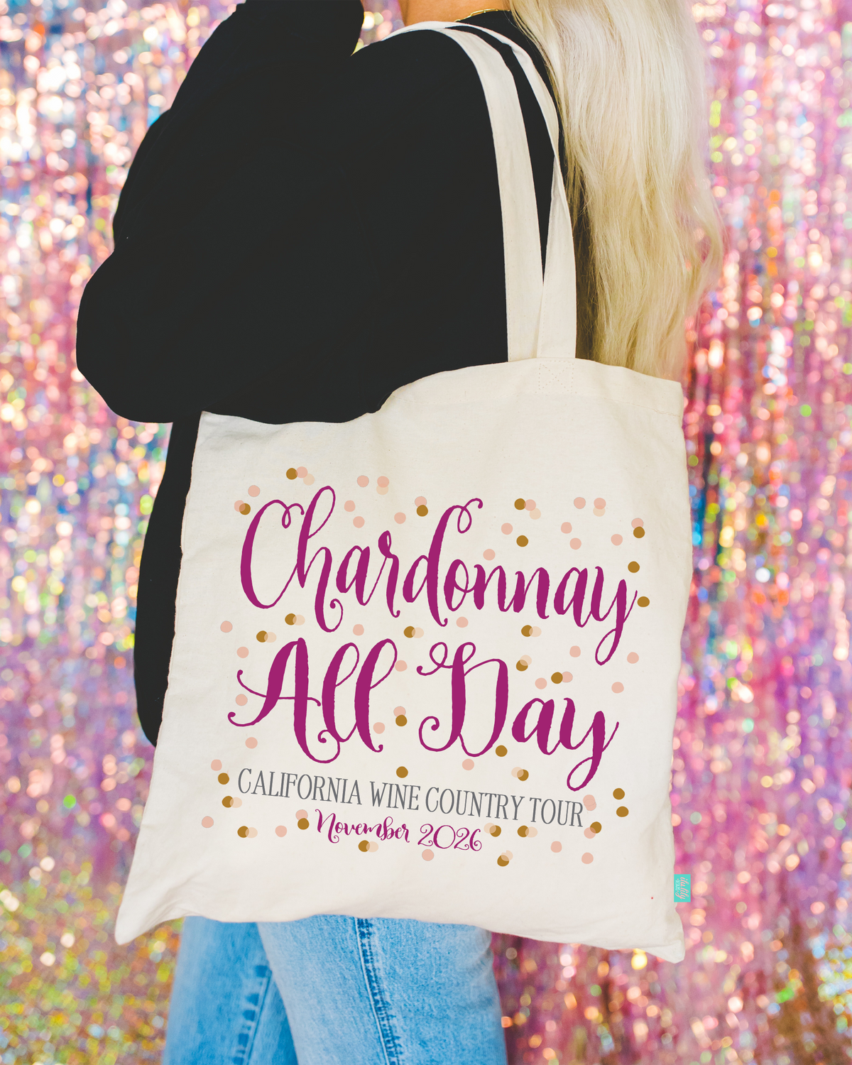 Bachelorette Party Vineyard Tote Bag | Wine Tasting Bachelorette | Chardonnay All Day Confetti