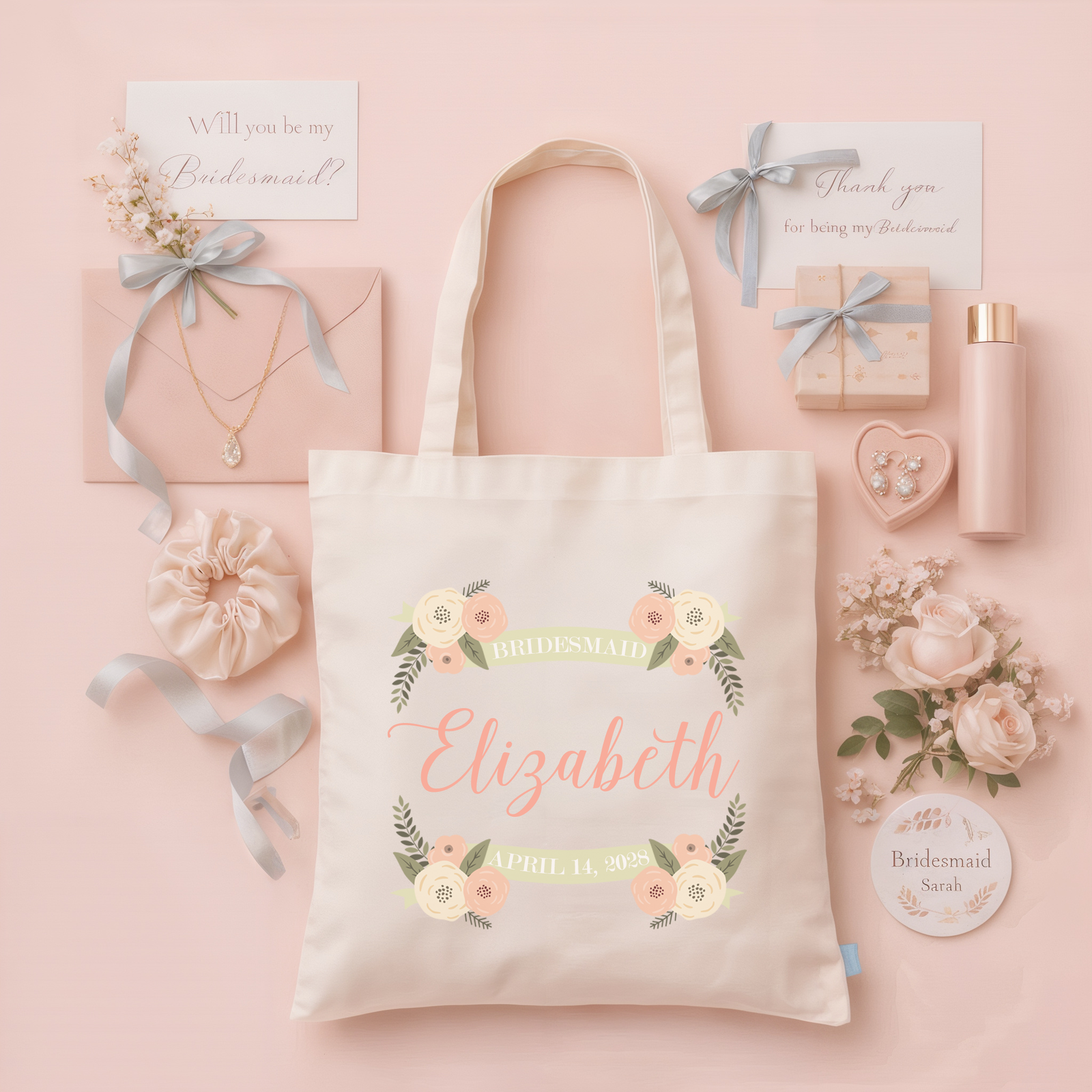 Bridesmaid Personalized Tote Bag | Pink and Beige Floral