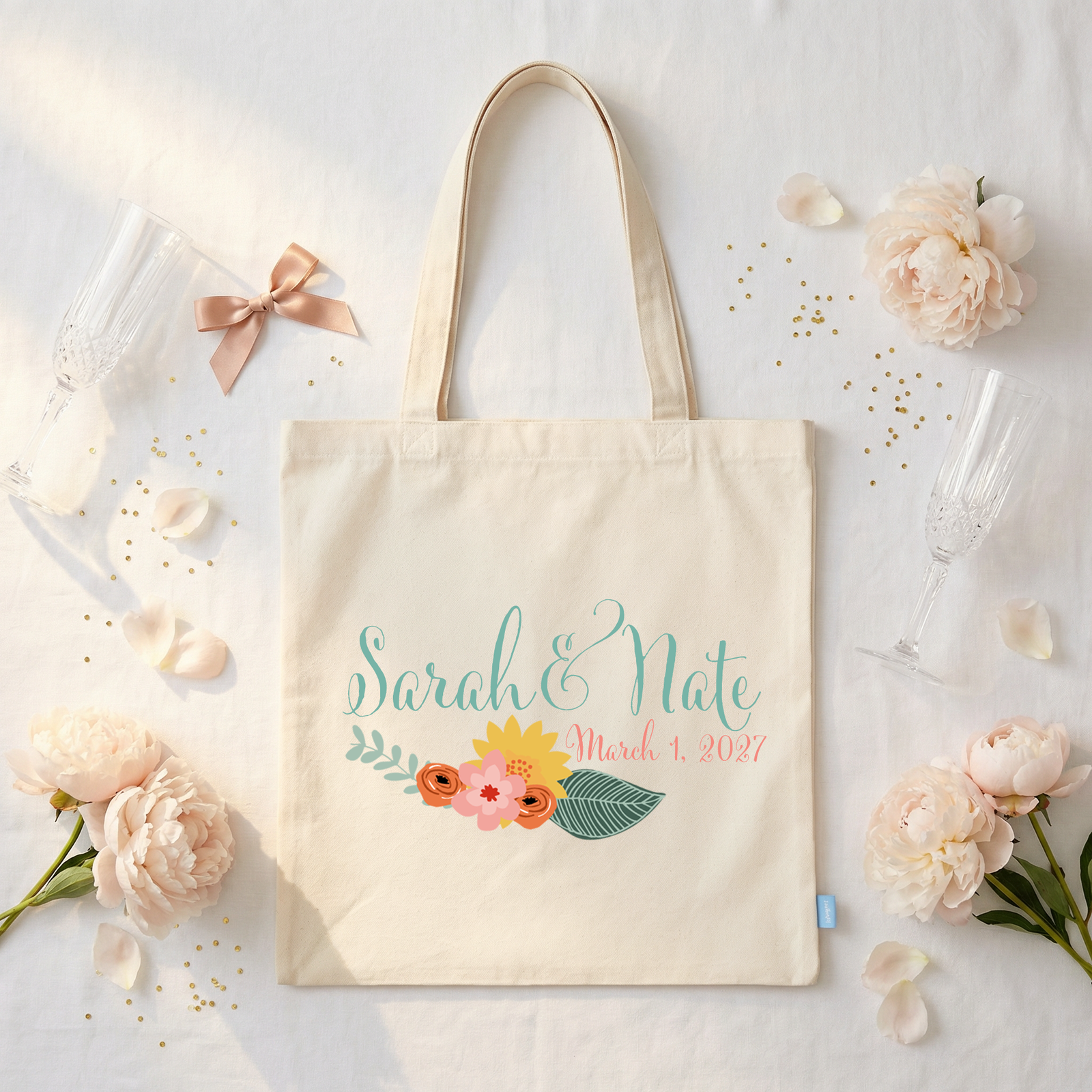 Wedding Welcome Personalized Tote Bag | Floral Couple