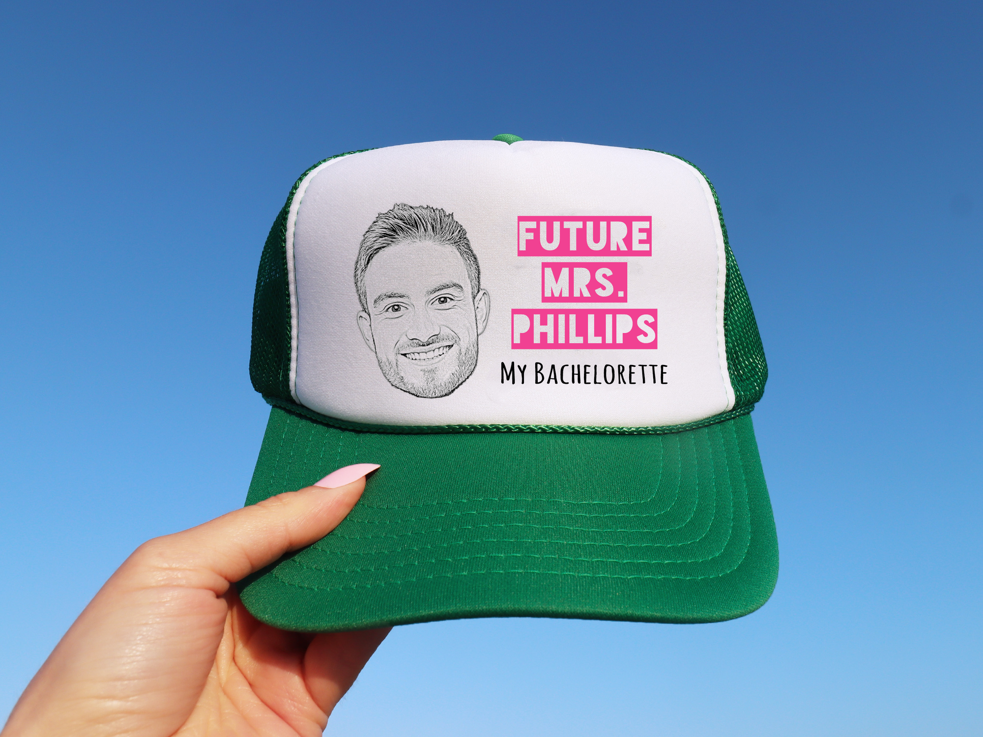 Green Bachelorette Party Trucker Hat | Custom Bachelorette Party Hat with Photo