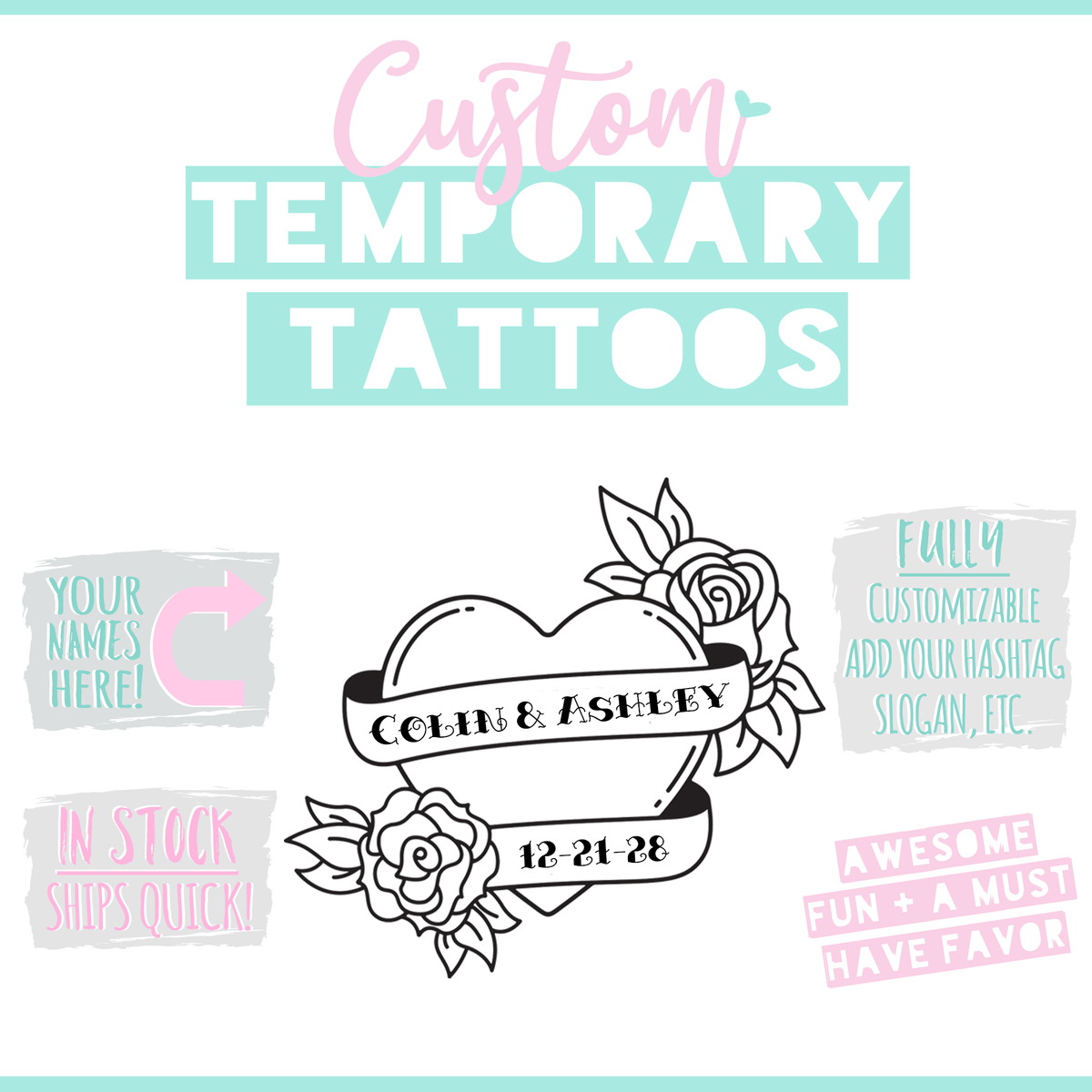 Custom Wedding Heart Couple Tattoo Wedding Favors | Personalized Tattoo Bar Favor | Engagement Party Favor