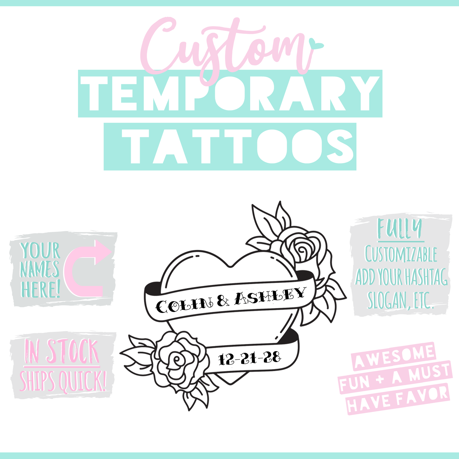 Custom Wedding Heart Couple Tattoo Wedding Favors | Personalized Tattoo Bar Favor | Engagement Party Favor