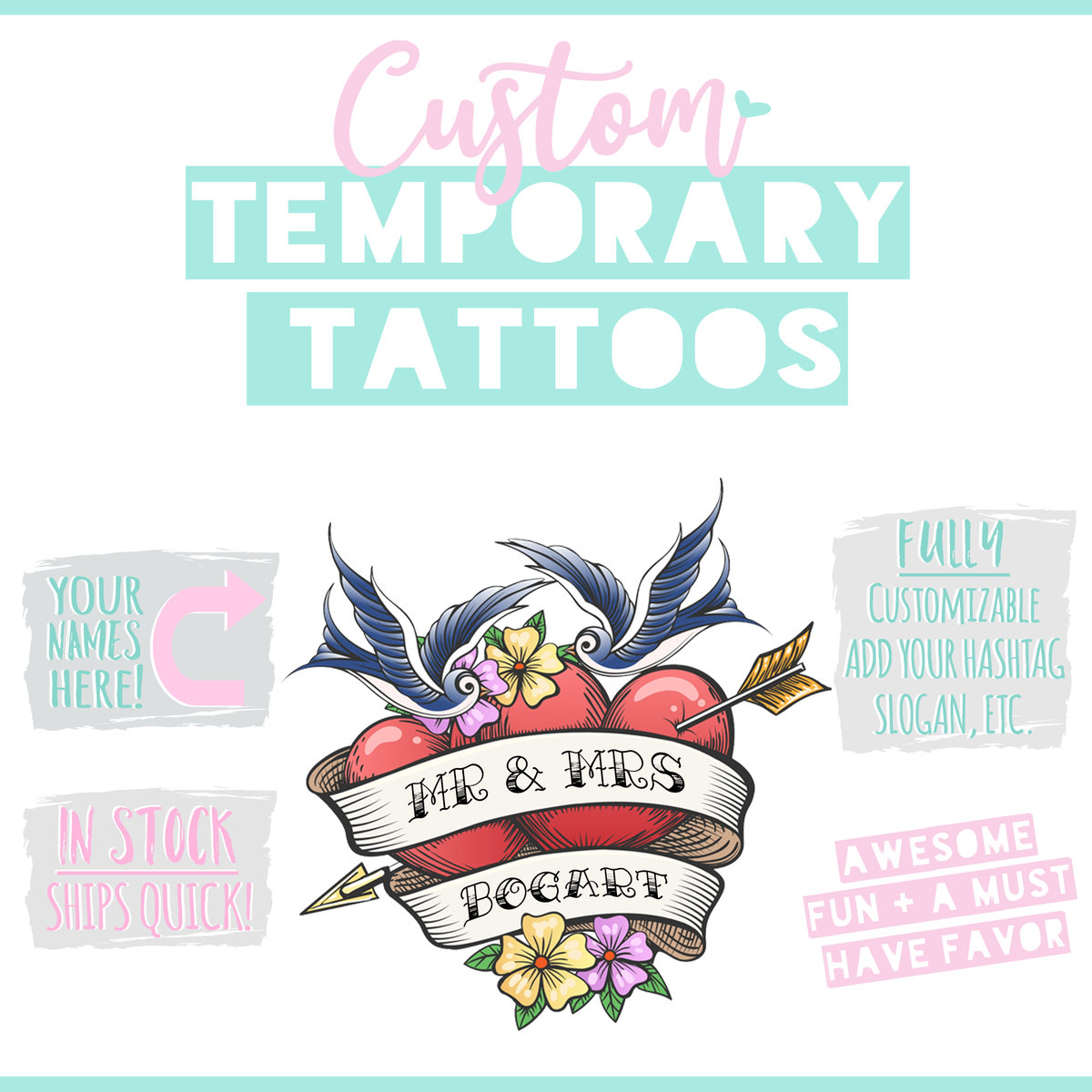 Custom Wedding Heart Sparrows Tattoo Wedding Favors | Personalized Tattoo Bar Favor | Engagement Party Favor