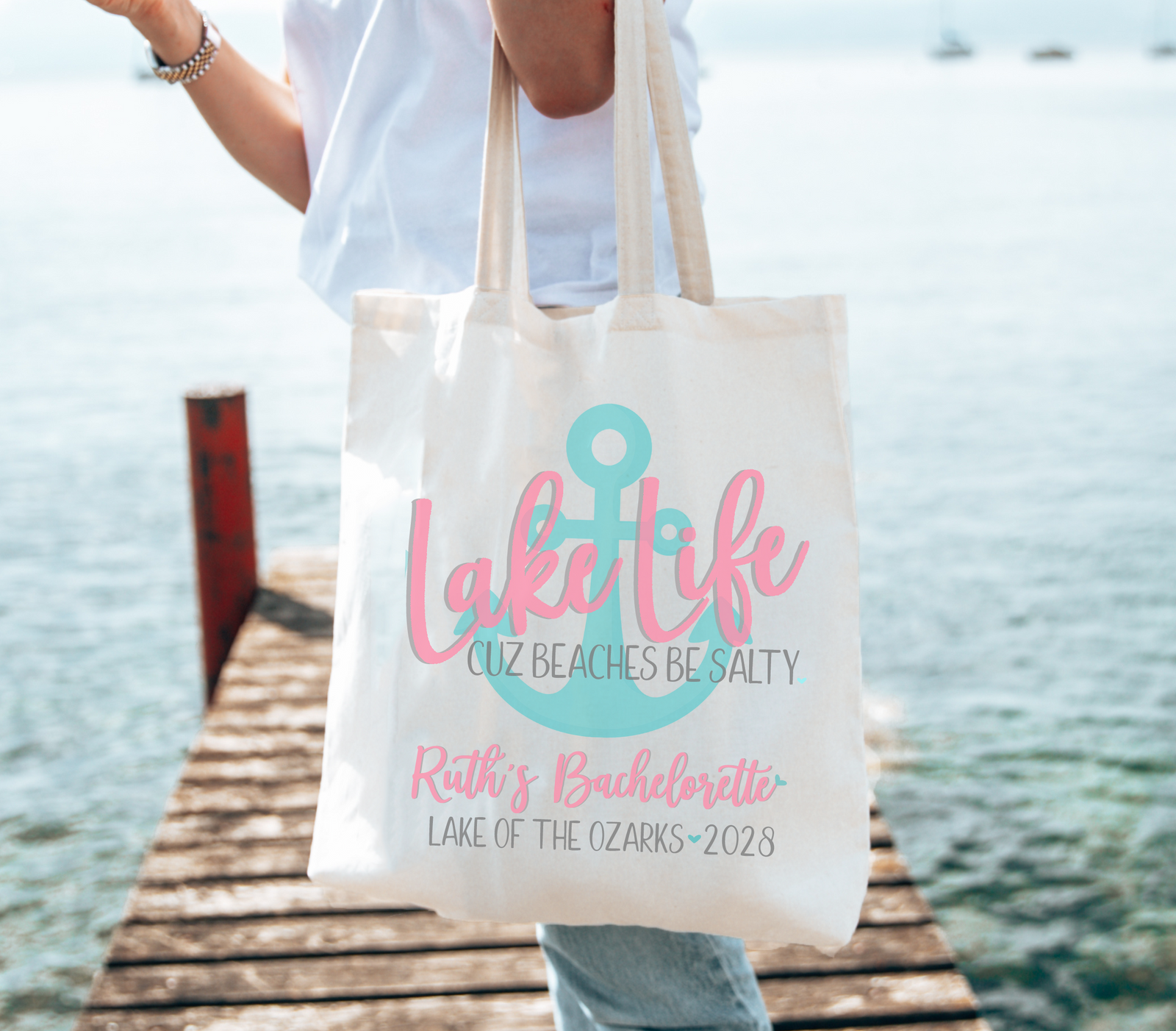 Beach Lake Personalized Canvas Tote Bag for Bachelorette Parties by Ilu.Lily