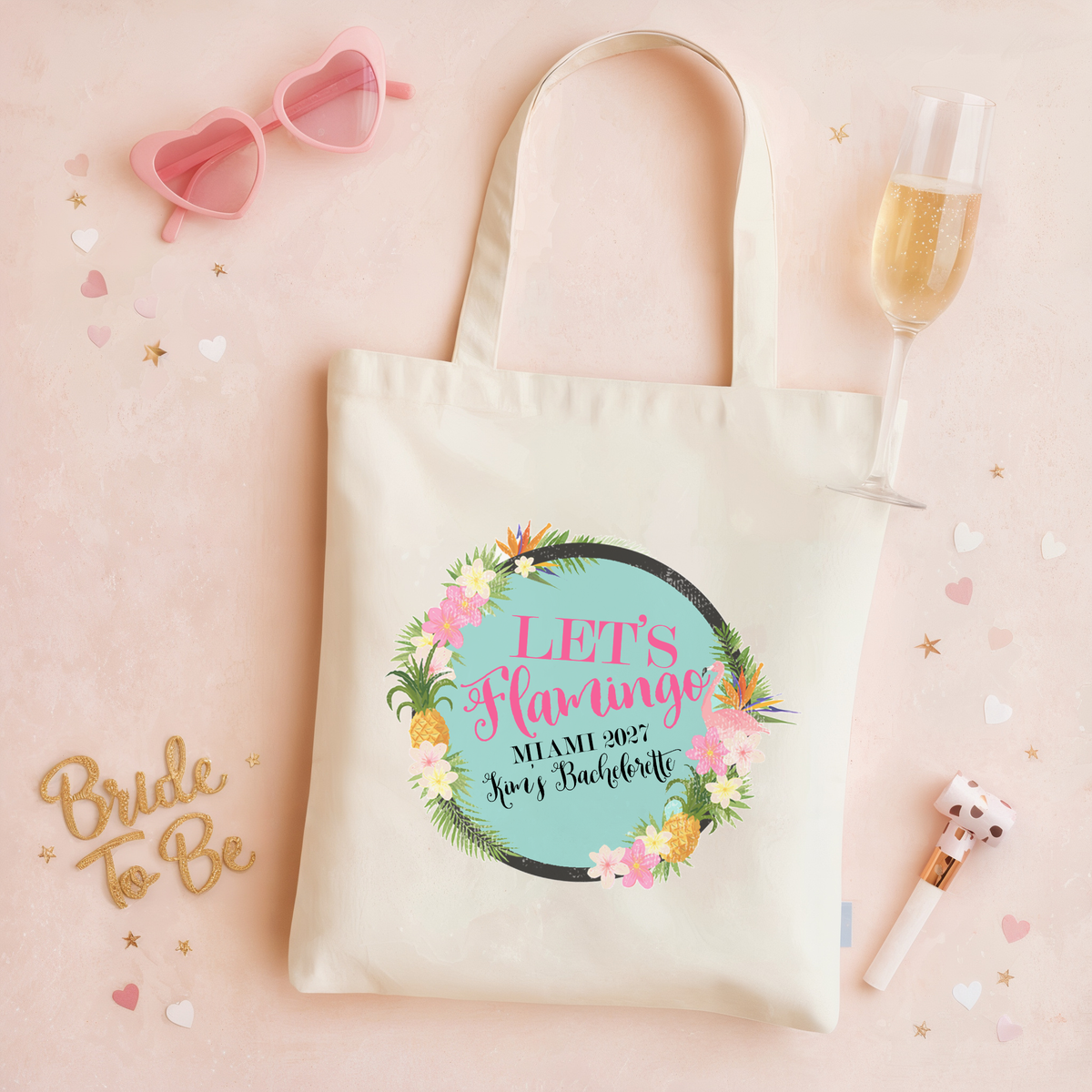 Flamingo Personalized Canvas Tote Bag for Bachelorette Parties by Ilu.Lily