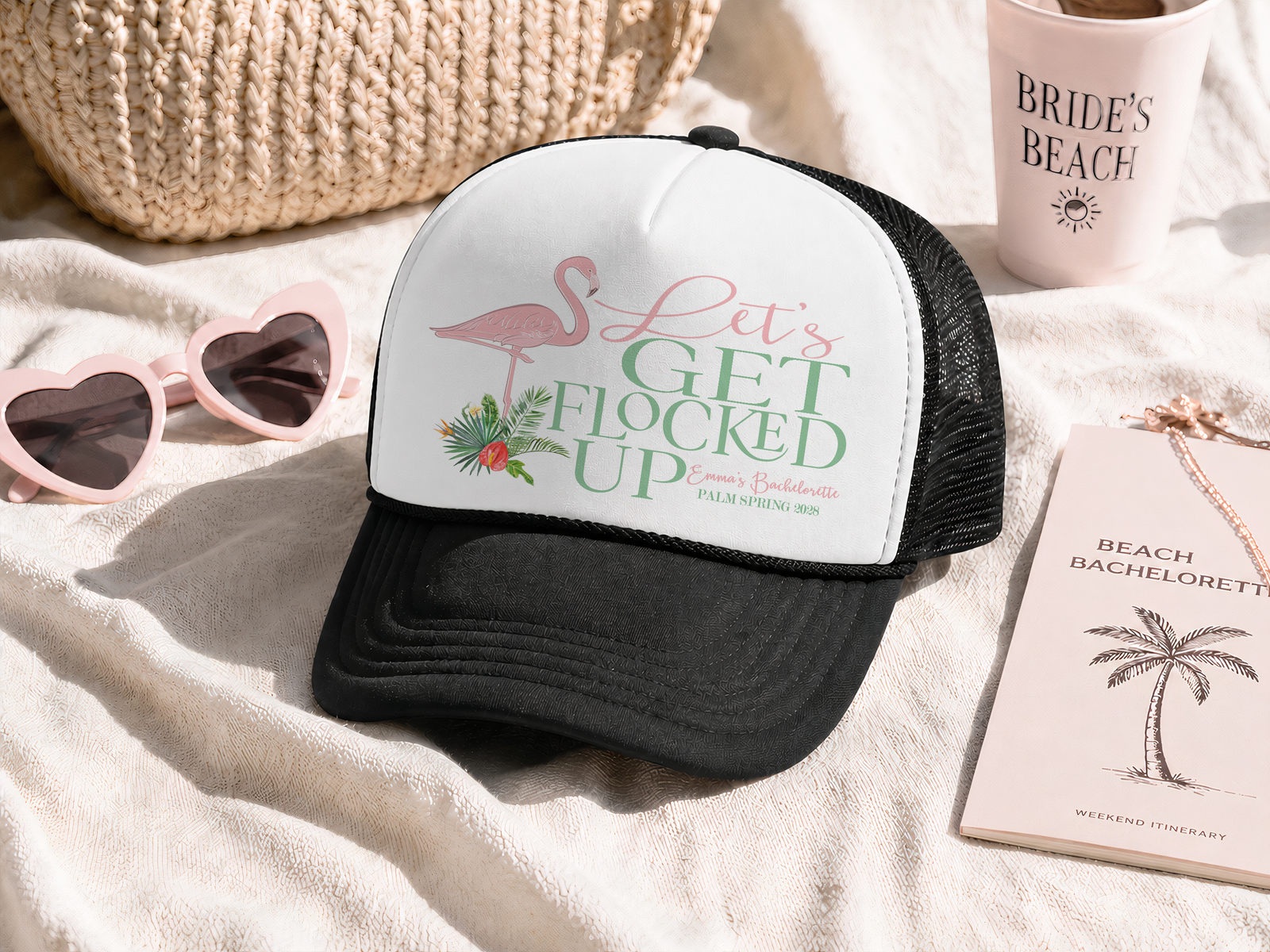 Bachelorette Party Trucker Hats | Flamingo Theme Bachelorette | Flamingo Palm Let's Get Flocked Up
