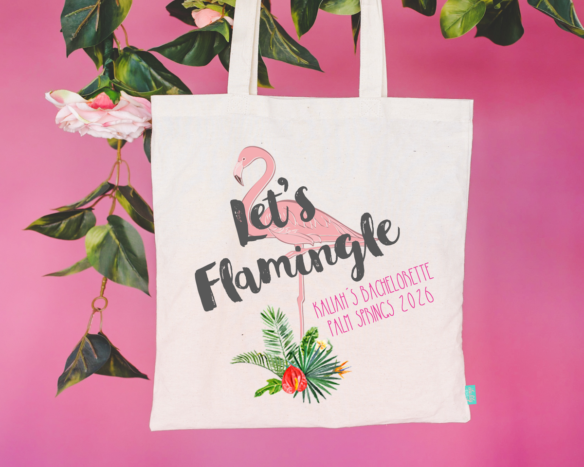 Bachelorette Party Tote Bags | Personalized Bachelorette Bags | Flamingo Palm Let&#39;s Flamingle