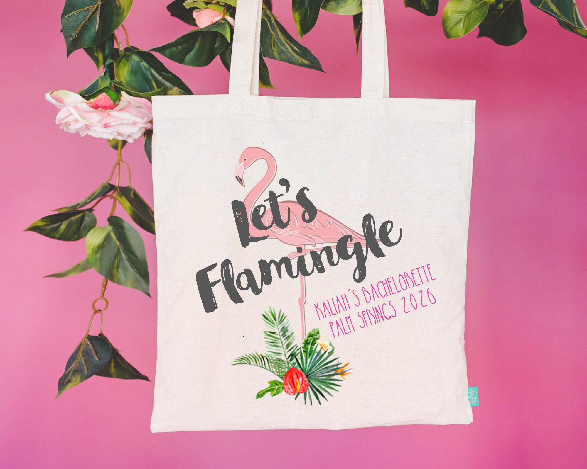 Bachelorette Party Tote Bags | Personalized Bachelorette Bags | Flamingo Palm Let's Flamingle