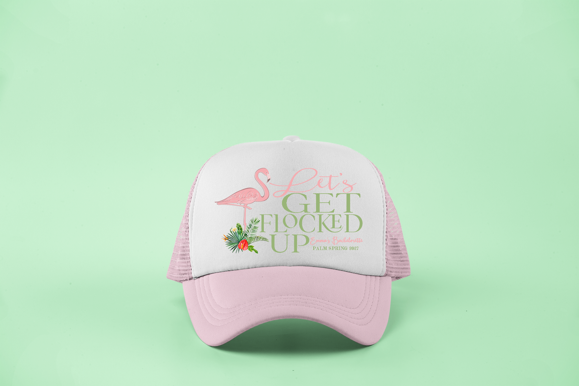 Bachelorette Party Trucker Hats | Flamingo Theme Bachelorette | Flamingo Palm Let's Get Flocked Up