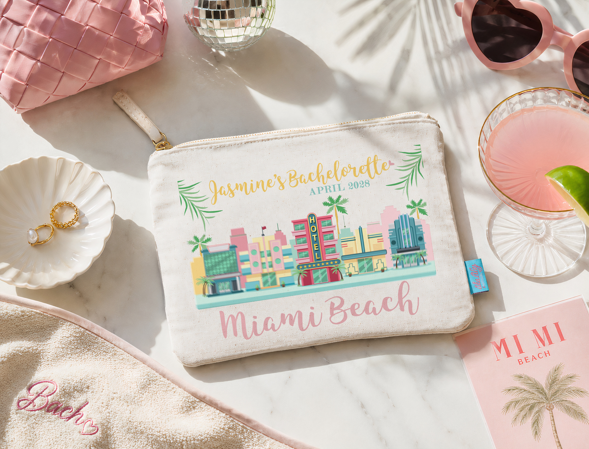 Miami Beach Personalized Canvas Makeup Bag for Bachelorette Parties by Ilu.Lily