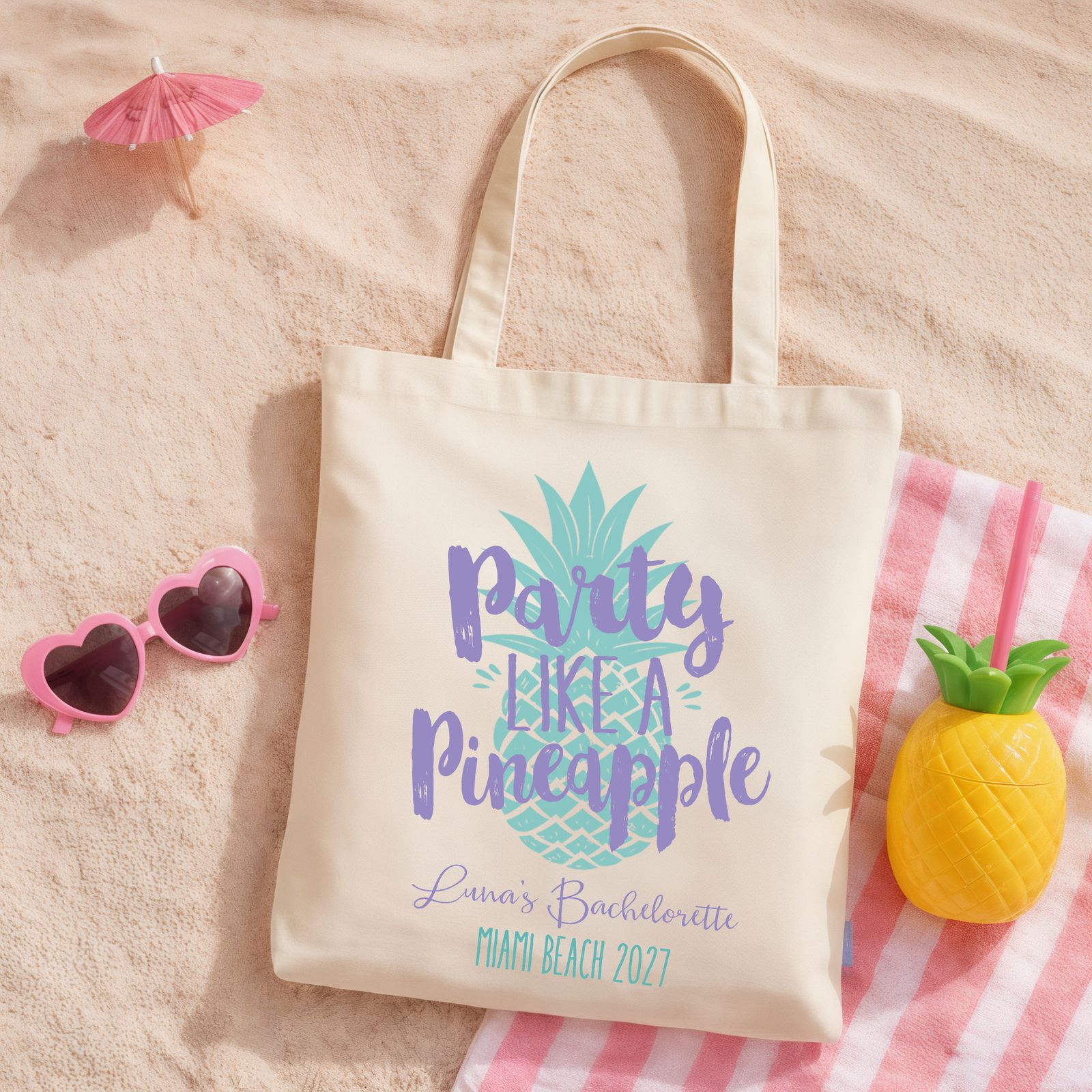 Pineapple Personalized Canvas Tote Bag for Bachelorette Parties by Ilu.Lily