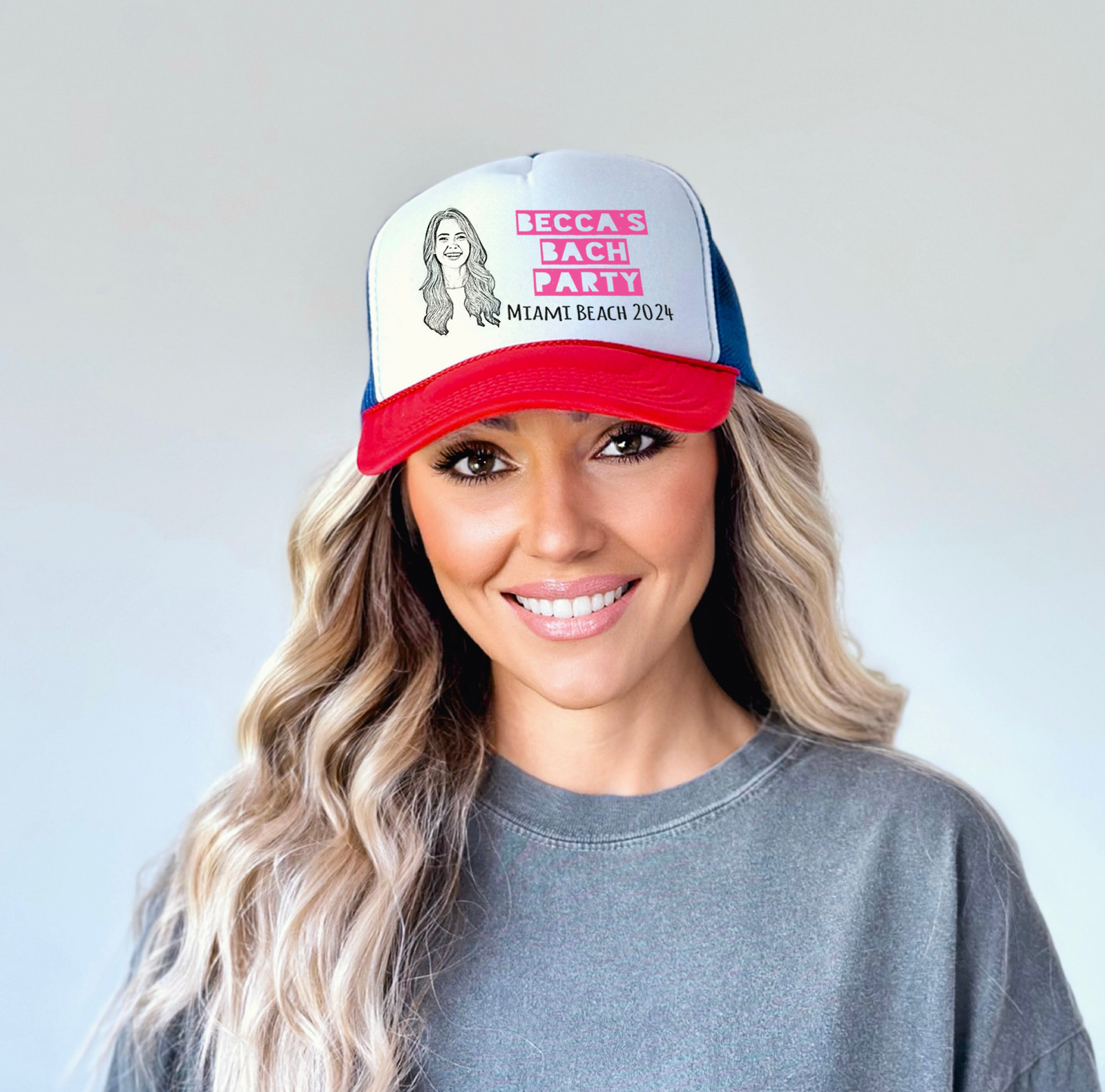 Red + Blue Bachelorette Party Trucker Hat | Custom Bachelorette Party Hat with Photo