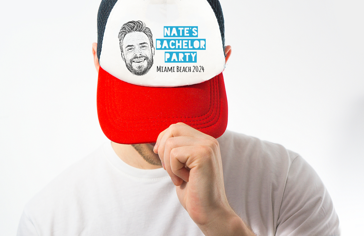 Custom Red + Blue Bachelor Party Trucker Hat | Custom Bachelor Party Hats with Photo