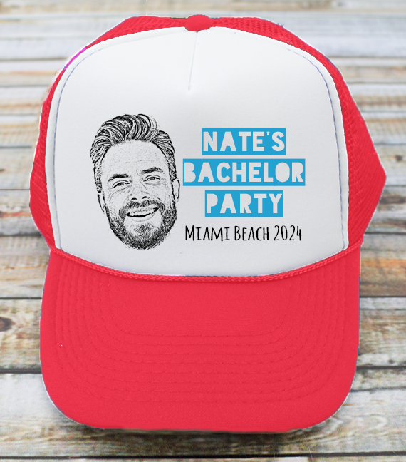 Custom Red Bachelor Party Trucker Hat | Custom Bachelor Party Hats with Photo