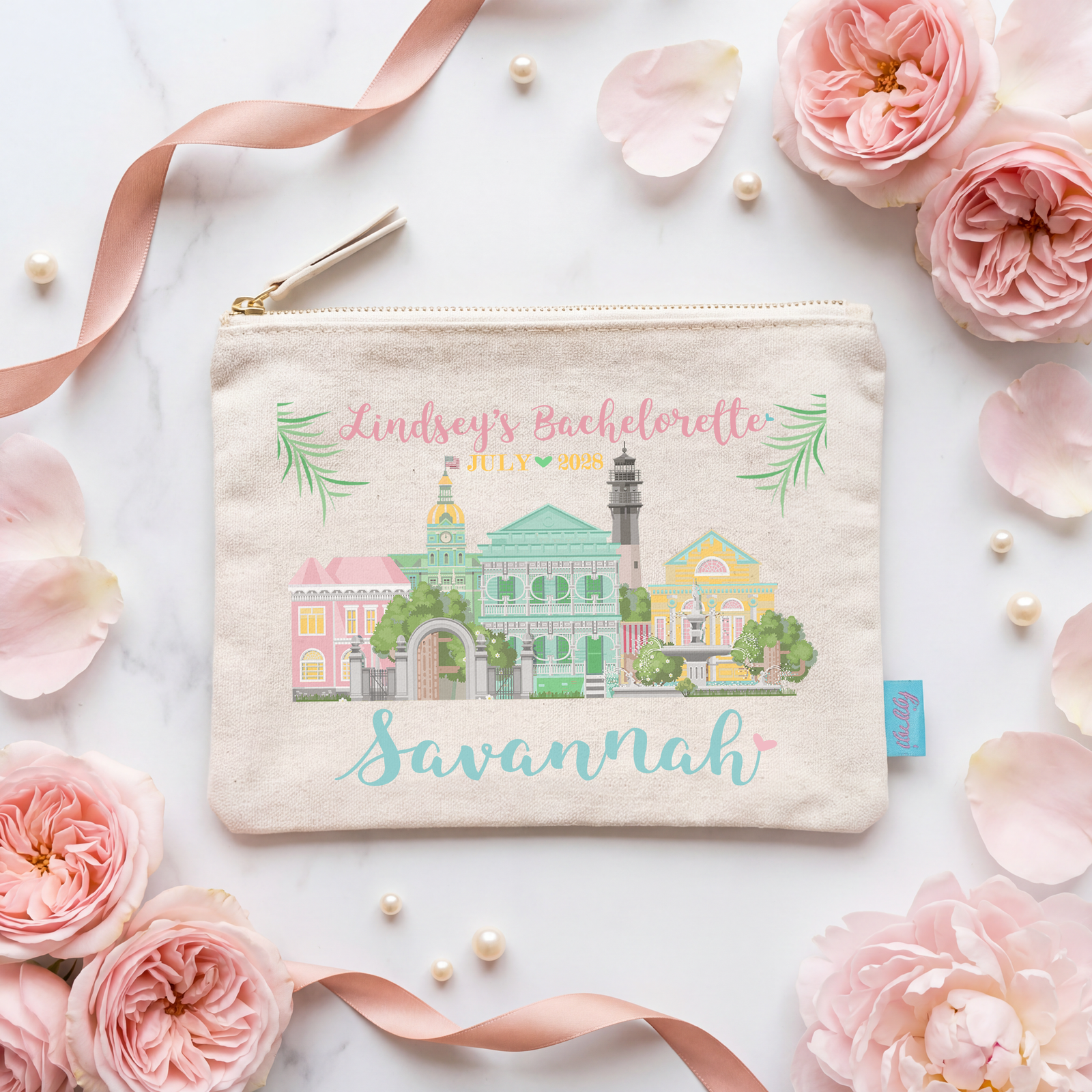 Savannah Personalized Canvas Makeup Bag for Bachelorette Parties by Ilu.Lily