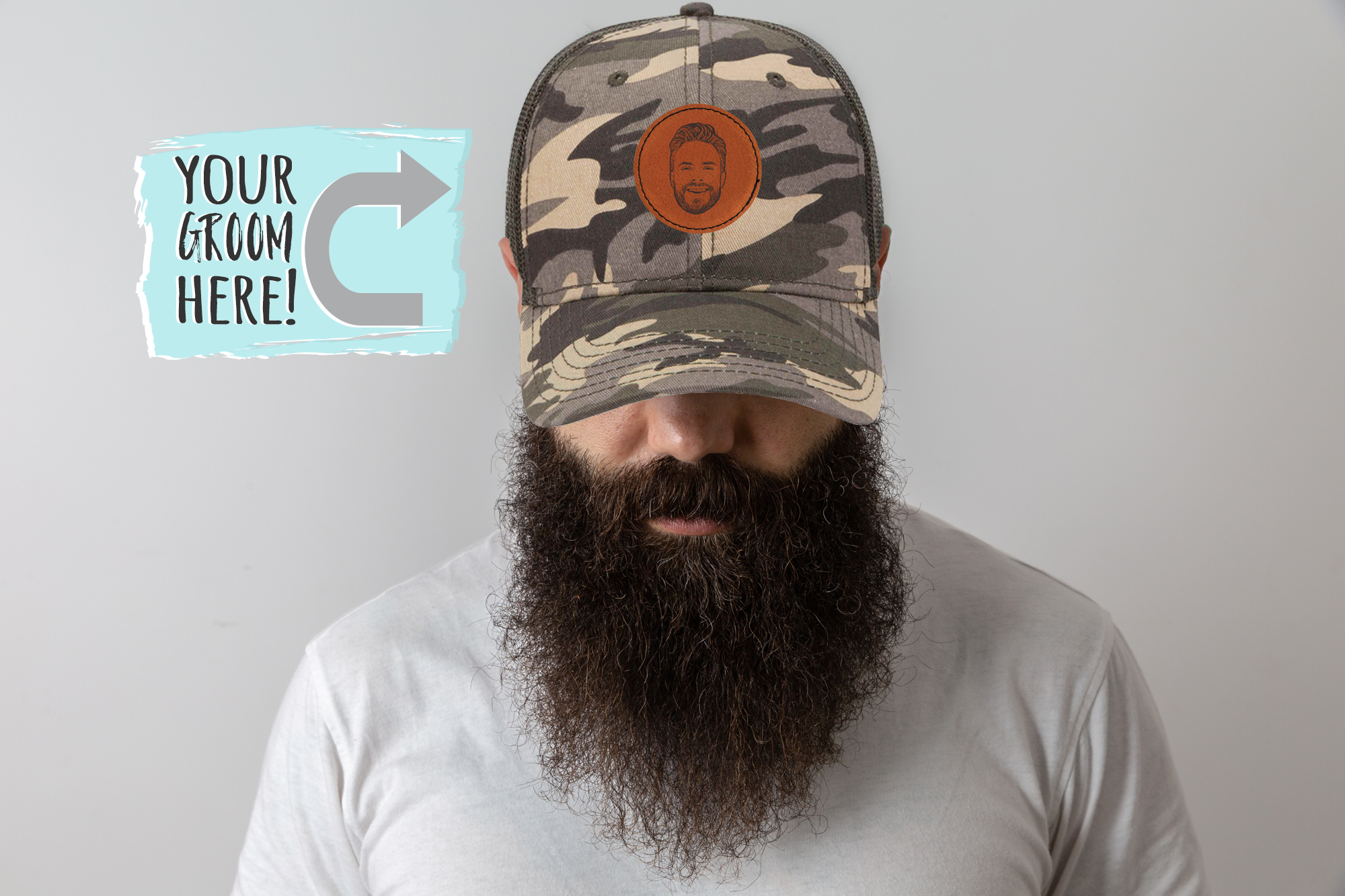 Camo Bachelor Party Trucker Hat | Custom Caricature Bachelor Party Hats with AI Photo