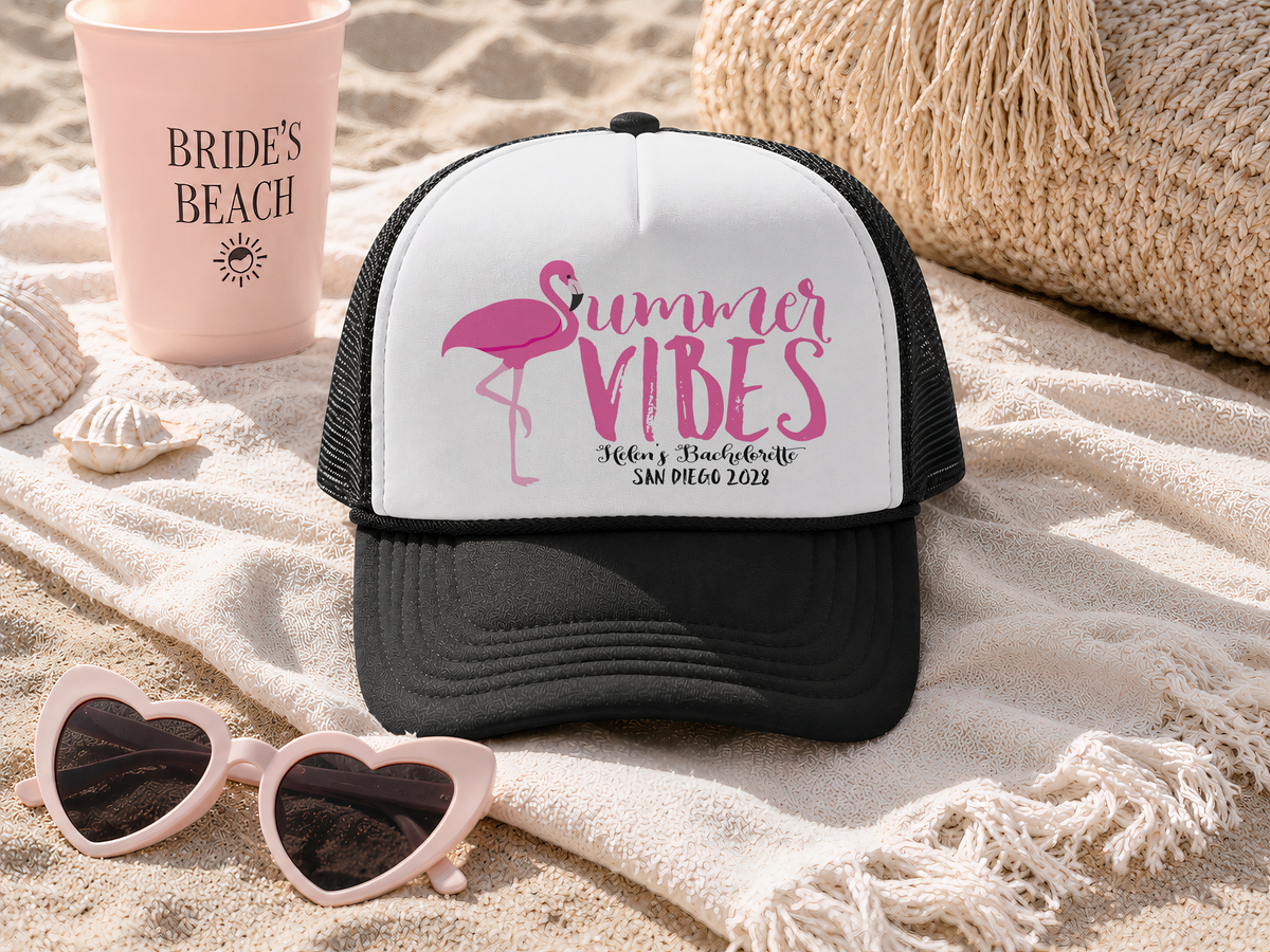 Bachelorette Party Trucker Hats | Personalized Trucker Hat | Summer Vibes Flamingo