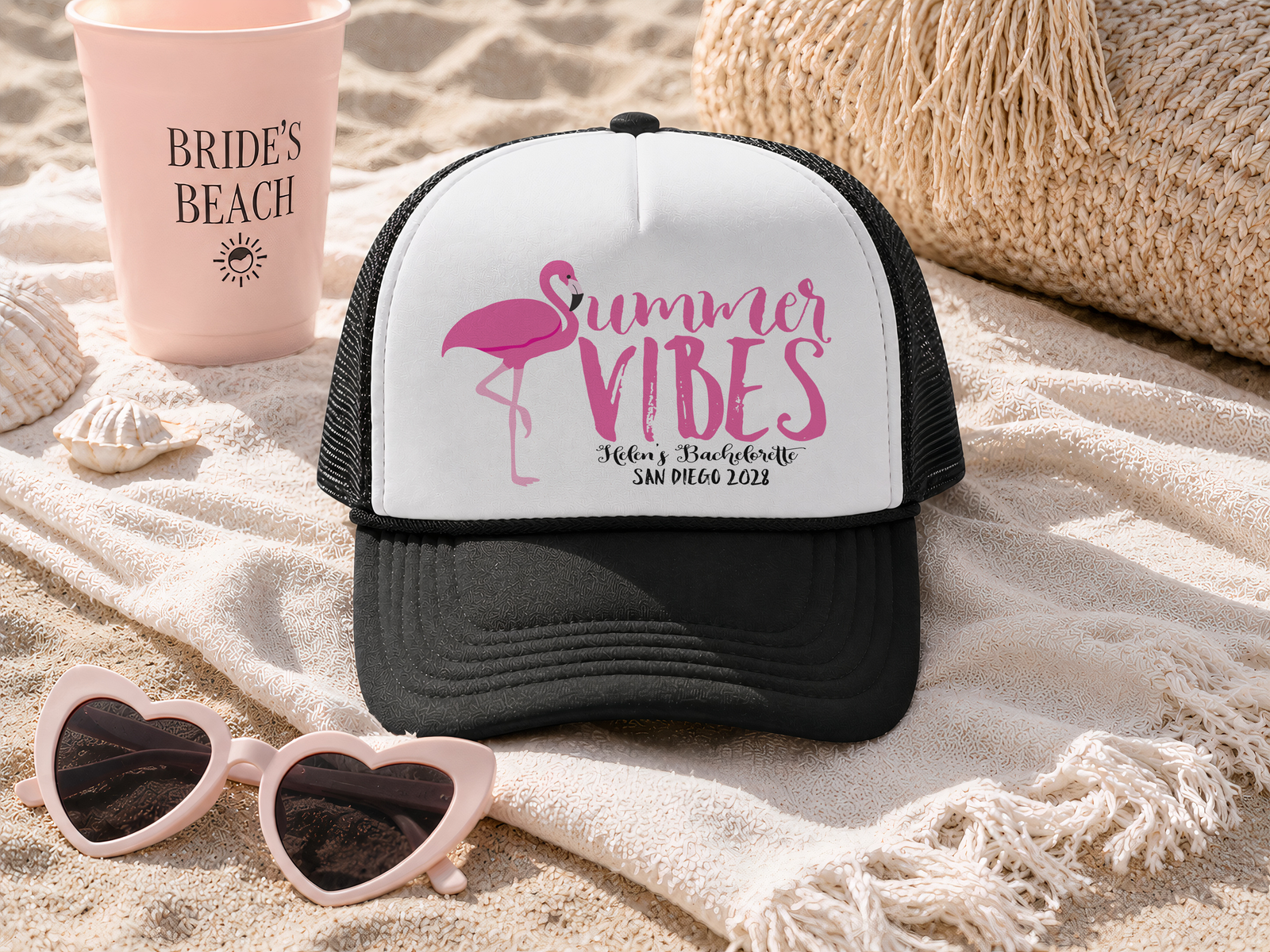 Bachelorette Party Trucker Hats | Personalized Trucker Hat | Summer Vibes Flamingo