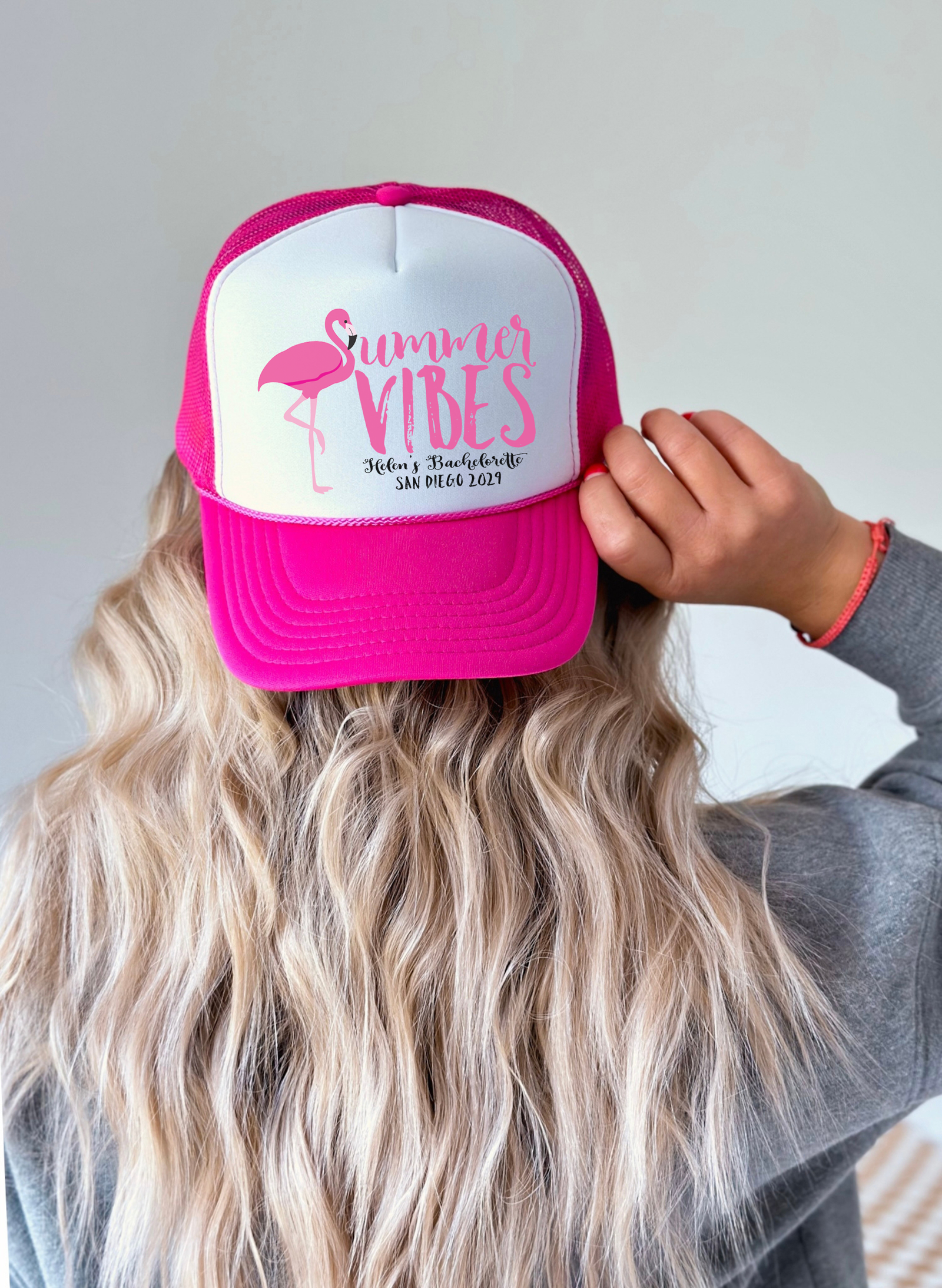 Bachelorette Party Trucker Hats | Personalized Trucker Hat | Summer Vibes Flamingo