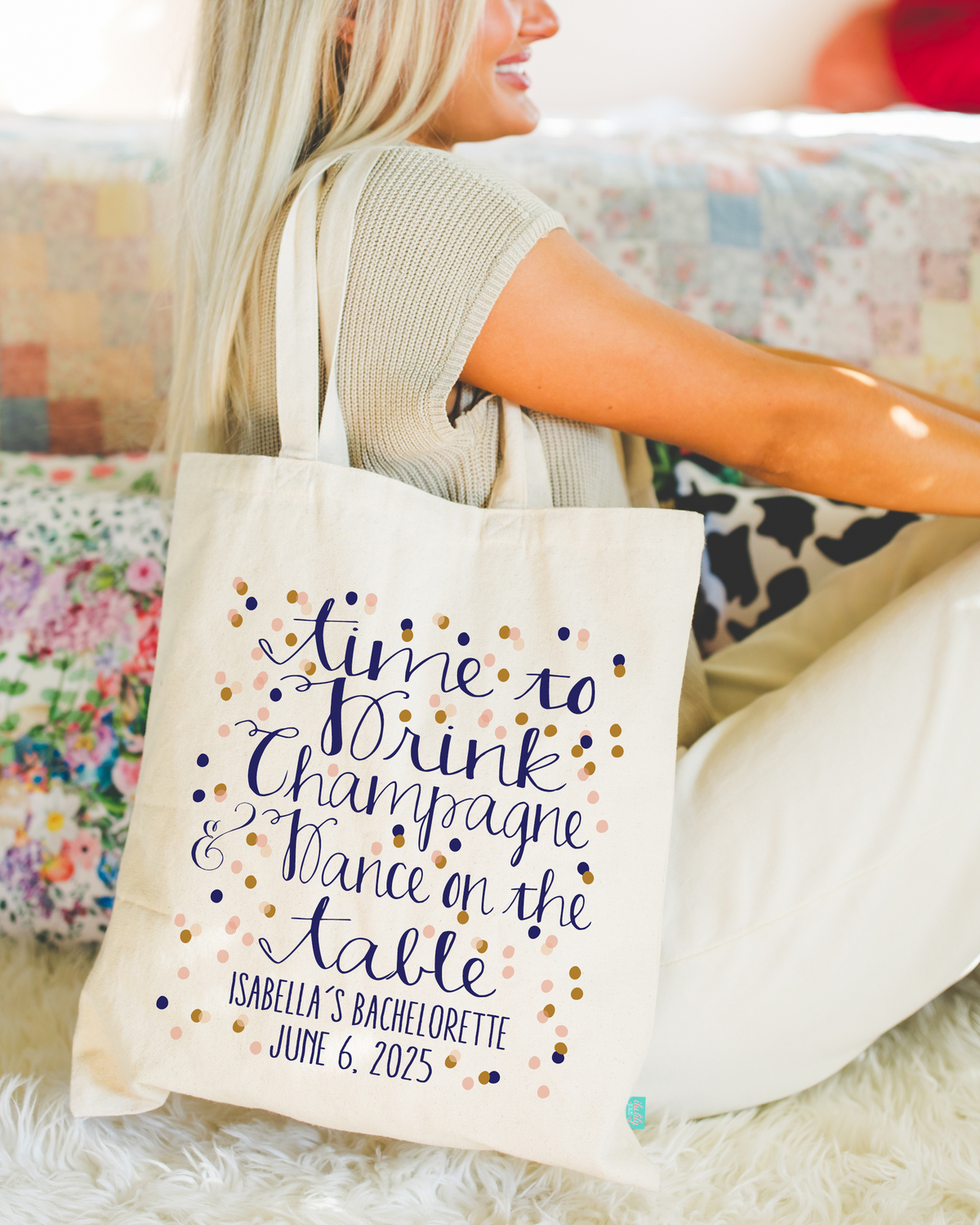 Bachelorette Party Tote Bag | Wedding Party Favor | Time to Drink Champagne Confetti