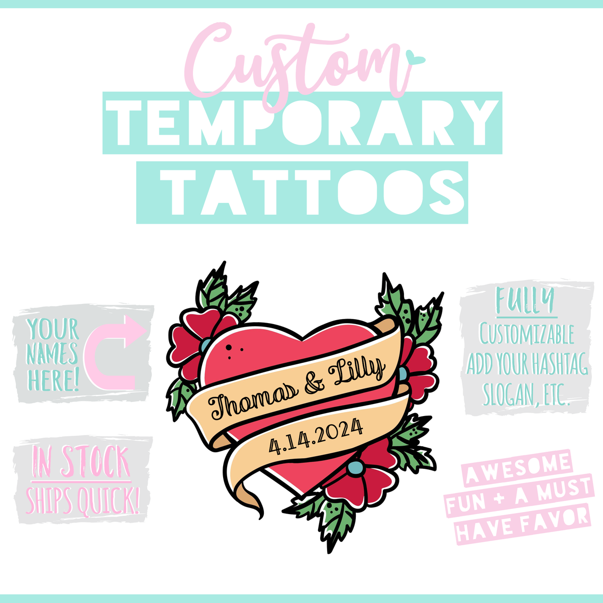 Personalized Wedding Heart Temporary Tattoo Wedding Favors | Custom Tattoo Bar Favor | Engagement Party Favor