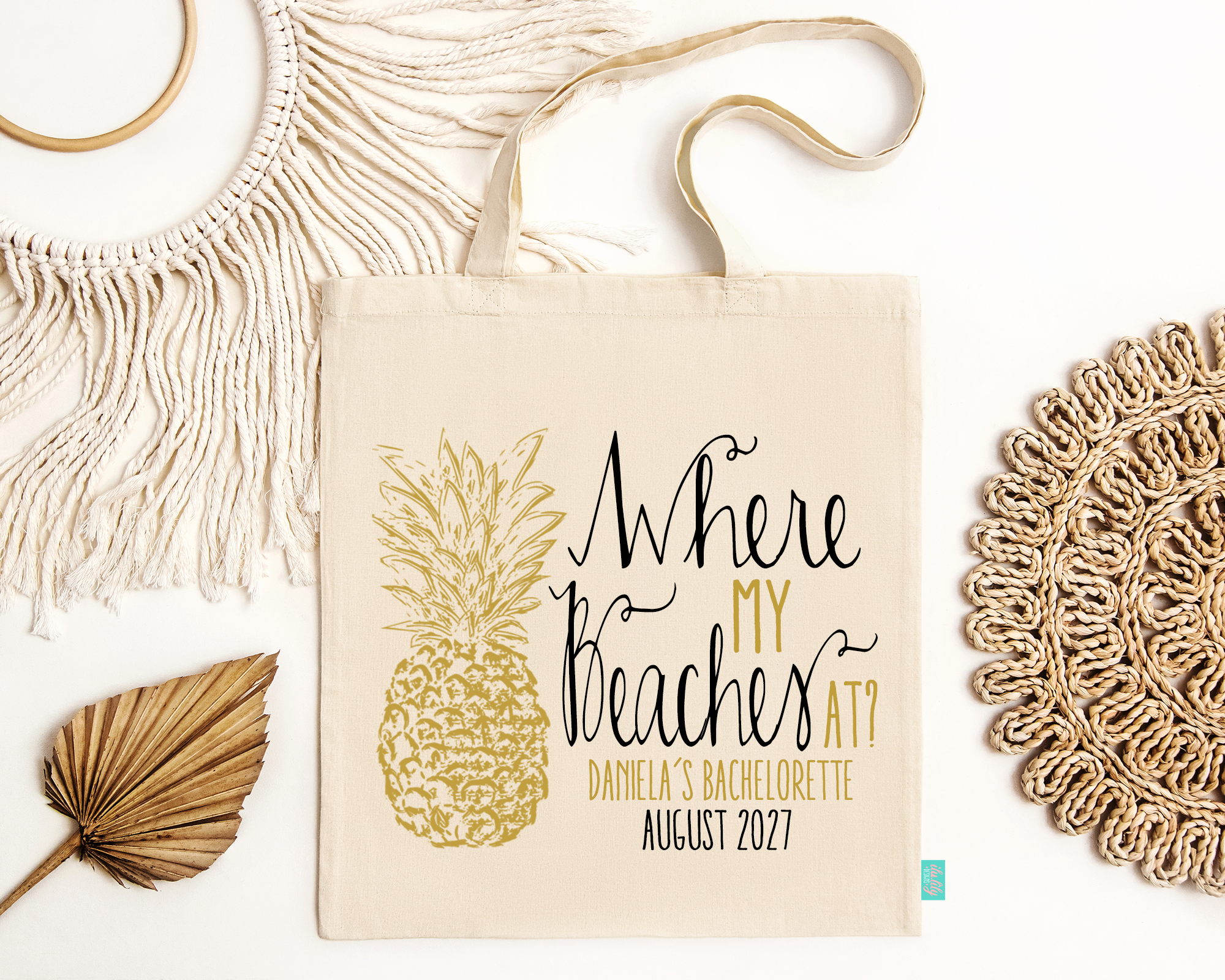 Bachelorette Party Tote Bags | Beachy Bachelorette | Gold Pineapple Where My Beaches At?