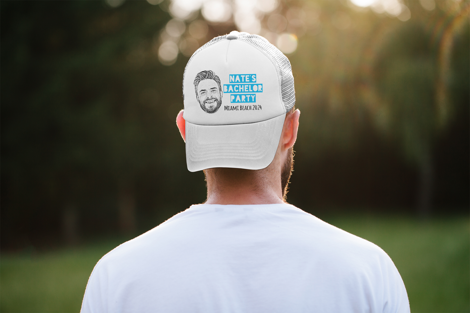 Custom White Bachelor Party Trucker Hat | Custom Bachelor Party Hats with Photo