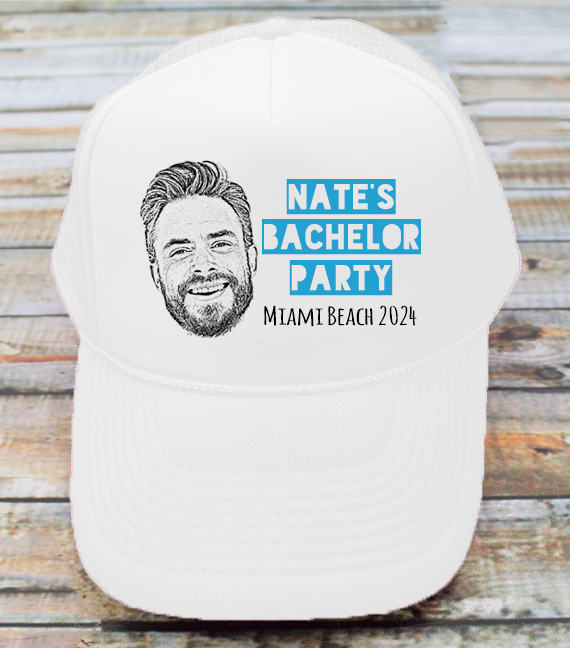 Custom White Bachelor Party Trucker Hat | Custom Bachelor Party Hats with Photo