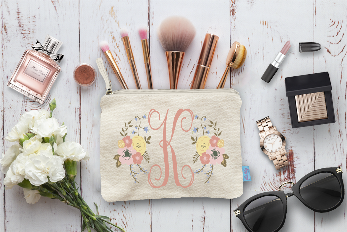 Bridal Party Makeup Bag | Floral Pink Script Initial