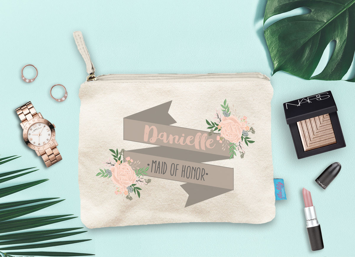 Personalized Bridal Party Makeup Bag | Floral Banner