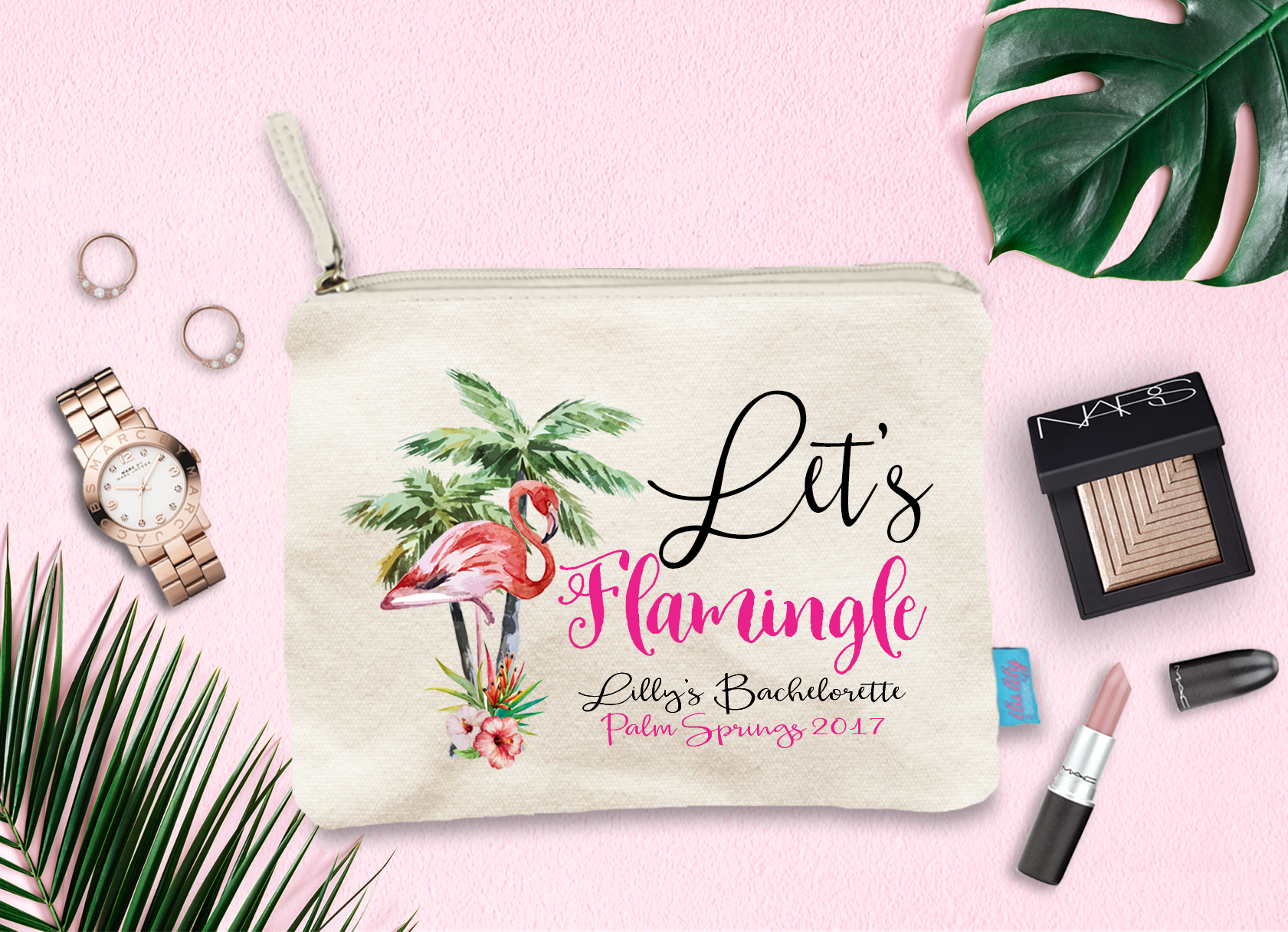 Bachelorette Party Makeup Bag | Personalized Cosmetic Bag Party Favor | Pretty Flamingo Let's Flamingle