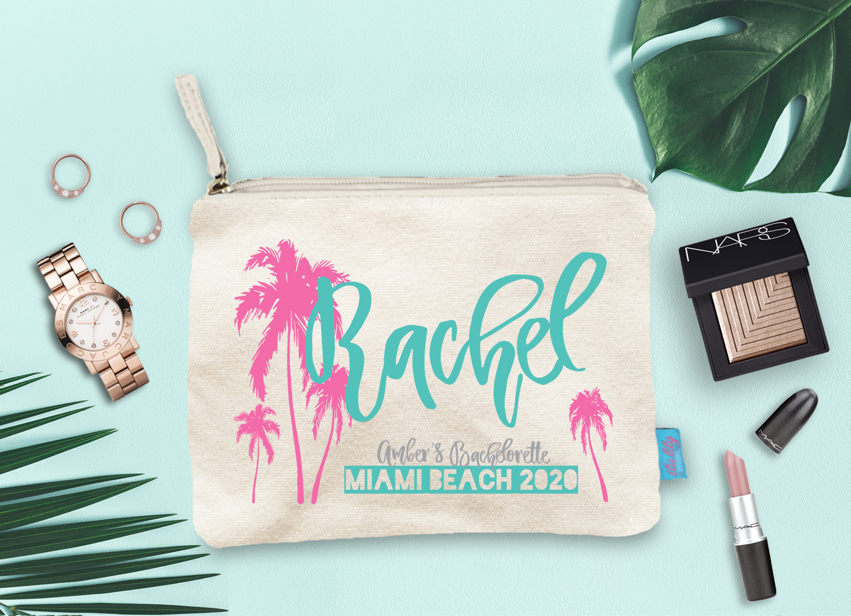 Bachelorette Party Miami Makeup Bag | Bachelorette Party Favor Cosmetic Bag | Miami Beach