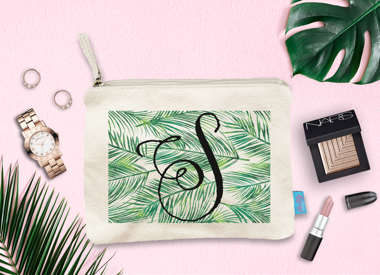 Bridal Party Cosmetic Bag | Personalized Makeup Bag | Palm Leaves Initial