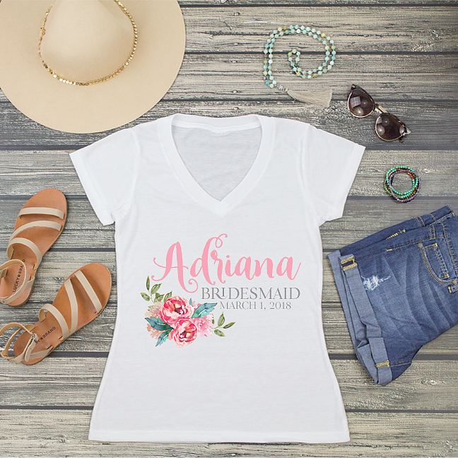 Bridesmaid Personalized V-Neck T-Shirt | Floral Bridesmaid