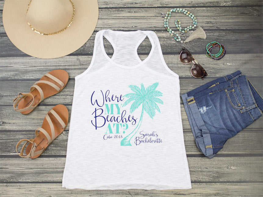 Bachelorette Party Racerback Tank Top | Matching Bachelorette Shirts | Palm Tree Where My Beaches At?