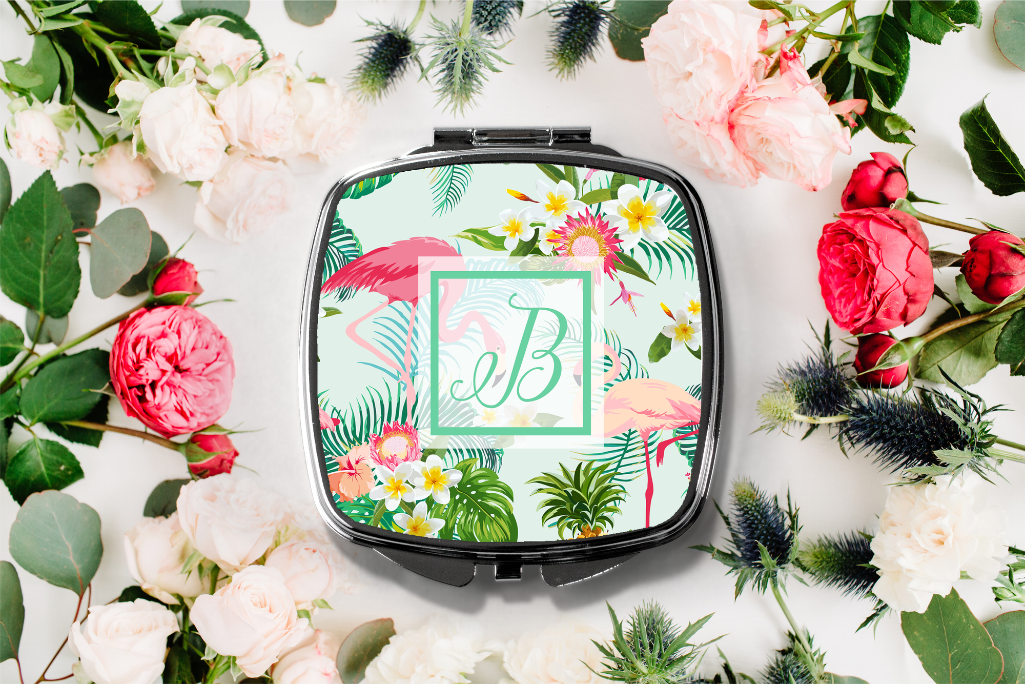 Bridesmaid Compact Mirror Favor | Tropical Flamingo Initial