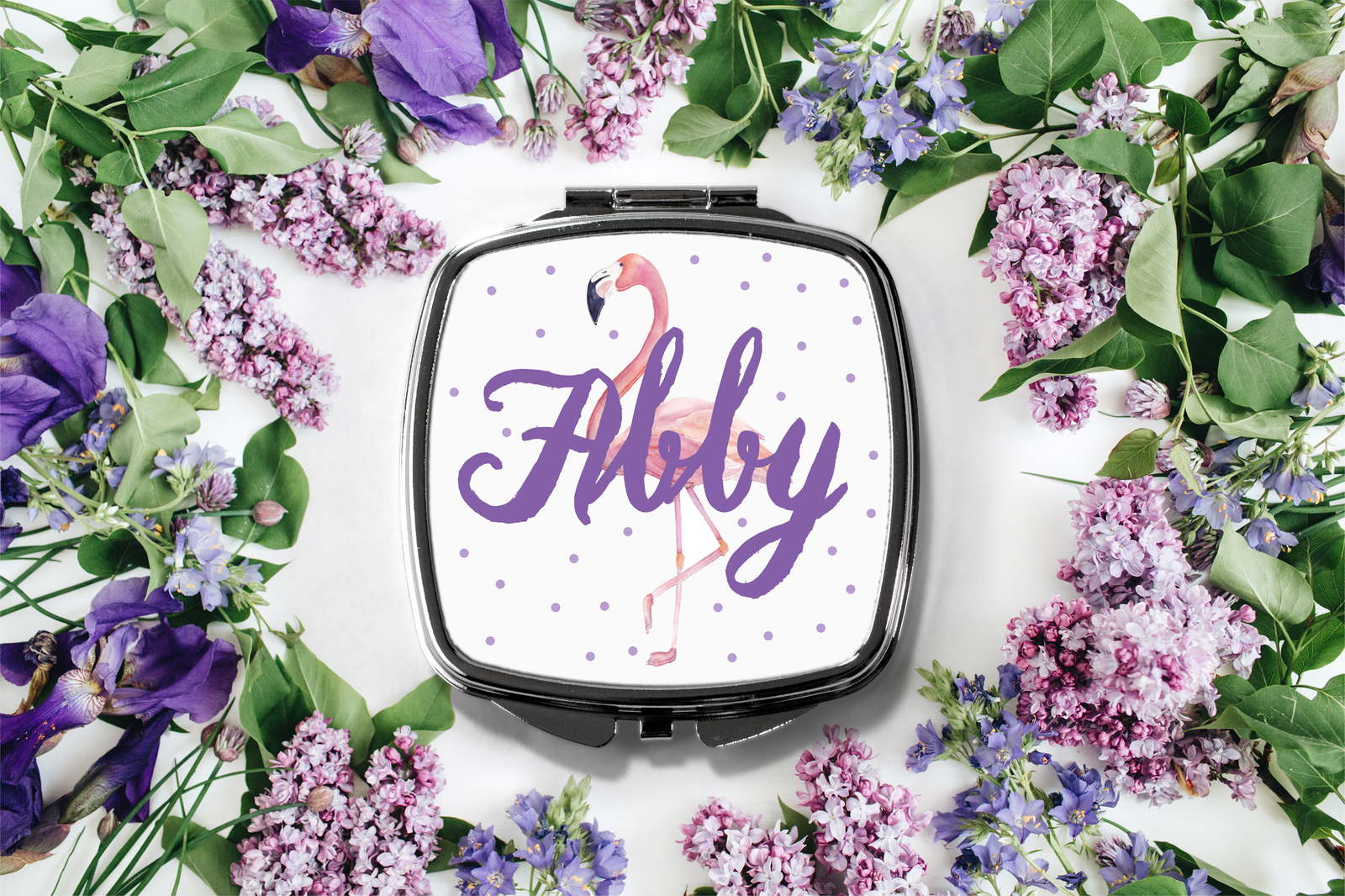 Bridesmaid Personalized Mirror Compact | Flamingo Dot