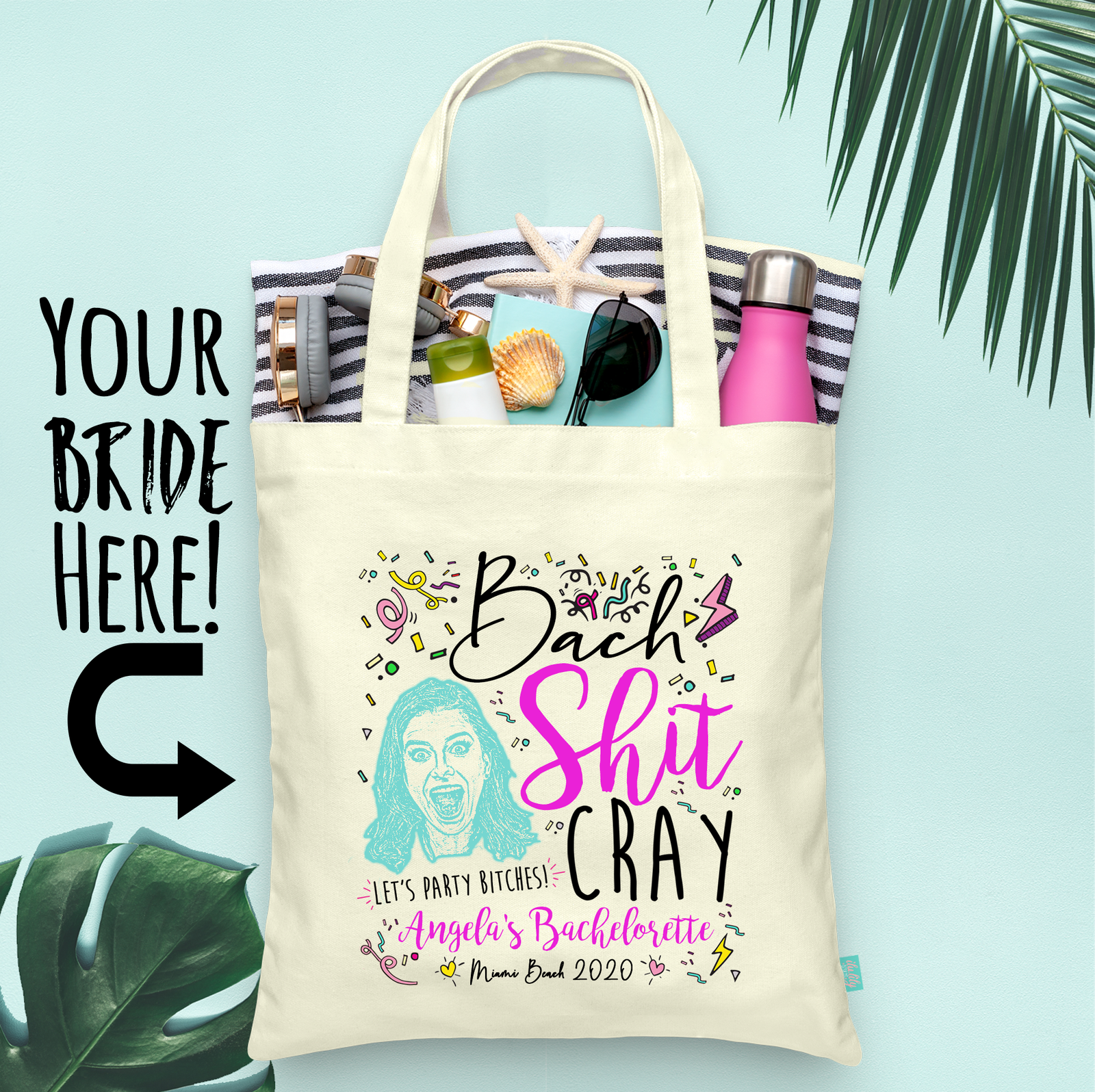 Personalized Bachelorette Party Tote Bag | Custom Photo Tote Bags | Bach Shit Cray