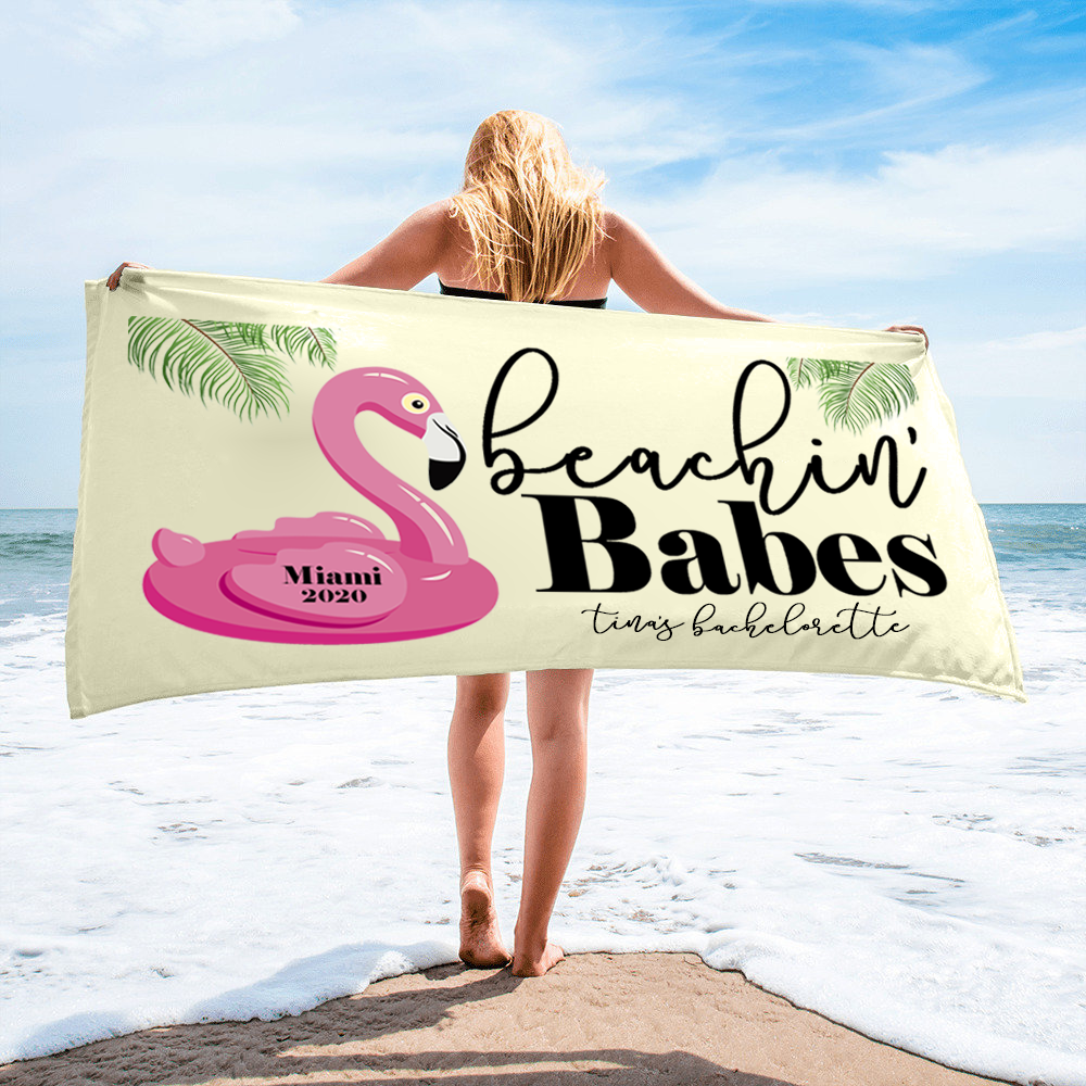 Bachelorette Party Beach Towel | Personalized Beach Towel | Flamingo Beachin' Babes